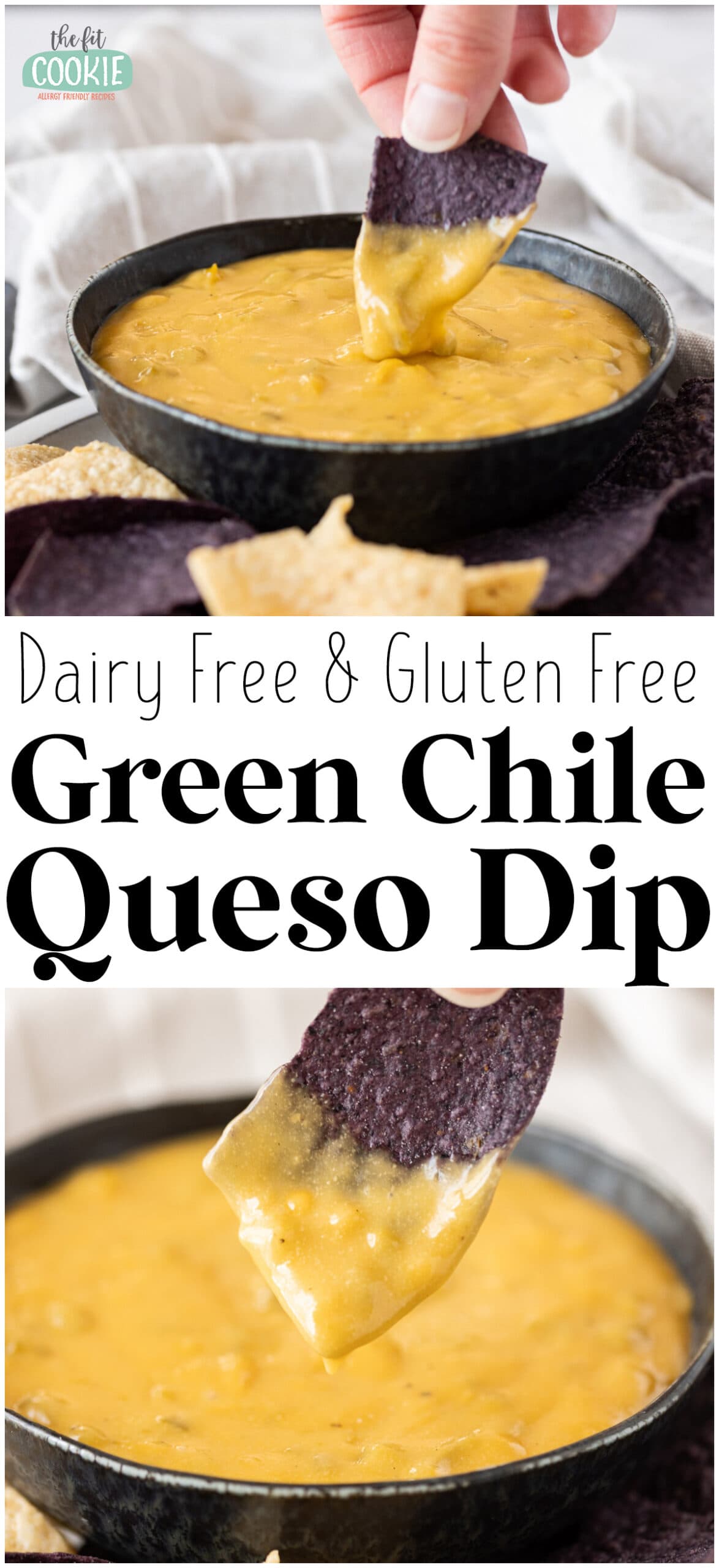 photo collage showing 2 views of dairy free and vegan queso dip with text overlay. 