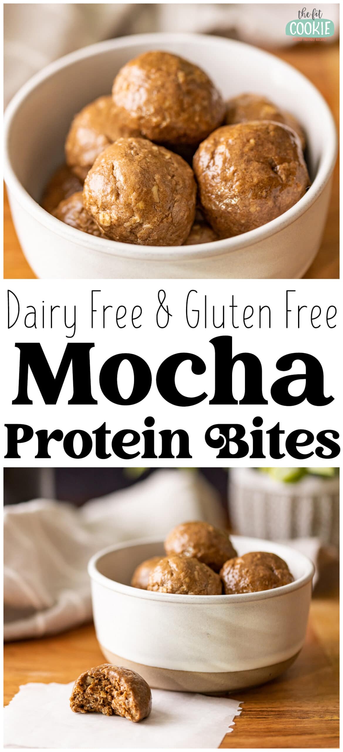 photo collage with text overlay showing different views of protein balls in a white bowl.  