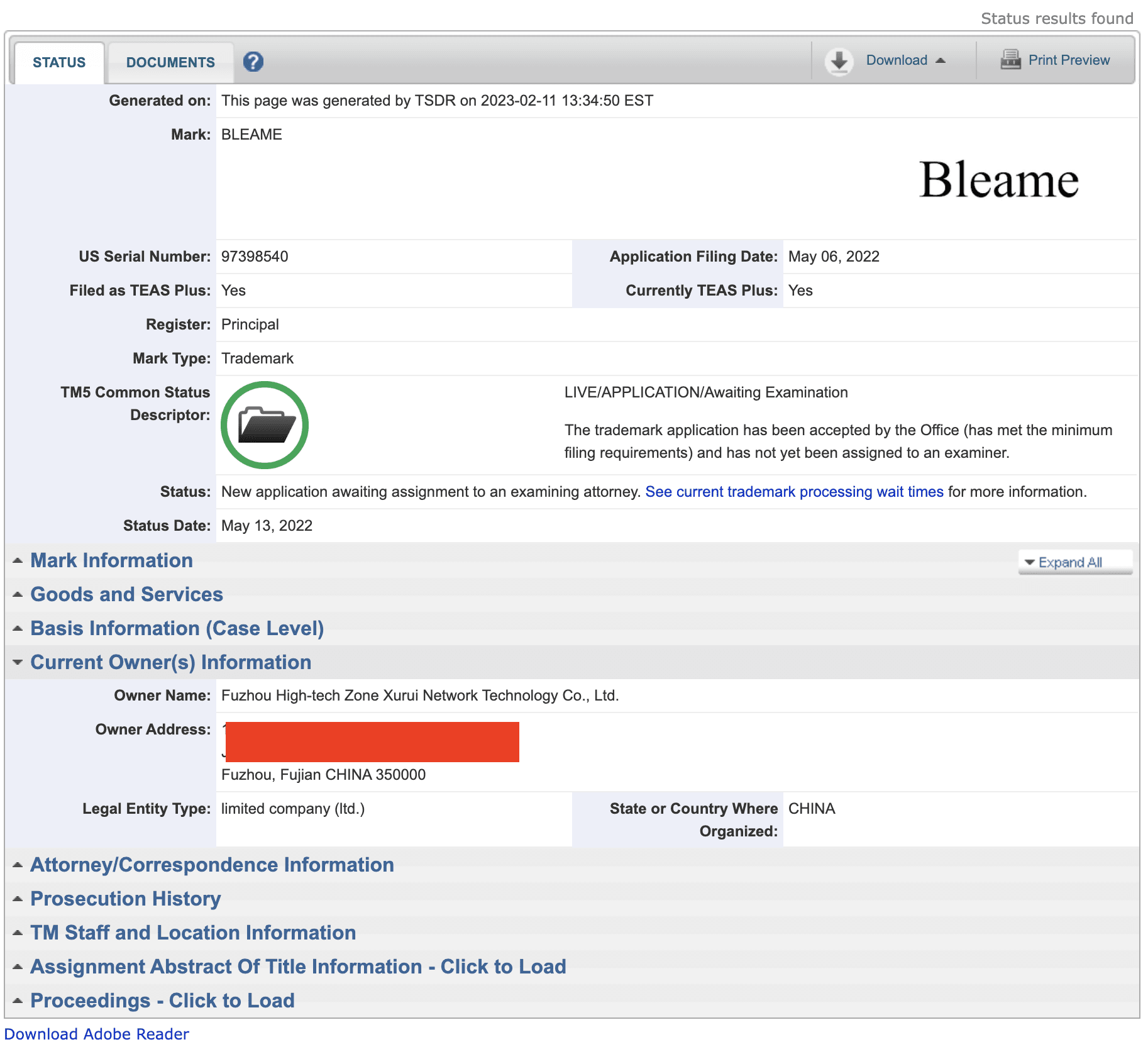 screenshot of bleame US trademark filing to chinese technology company. 
