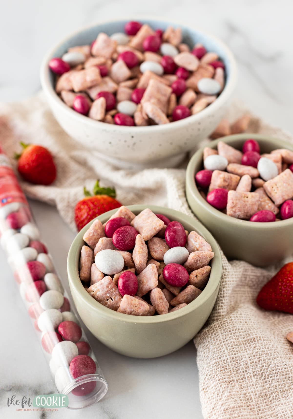 allergy friendly valentine's day snack mix made with strawberry muddy buddies and no whey chocolate candies.  