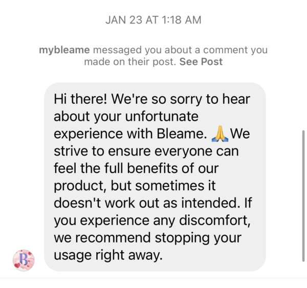 screenshot of bleame instagram message.