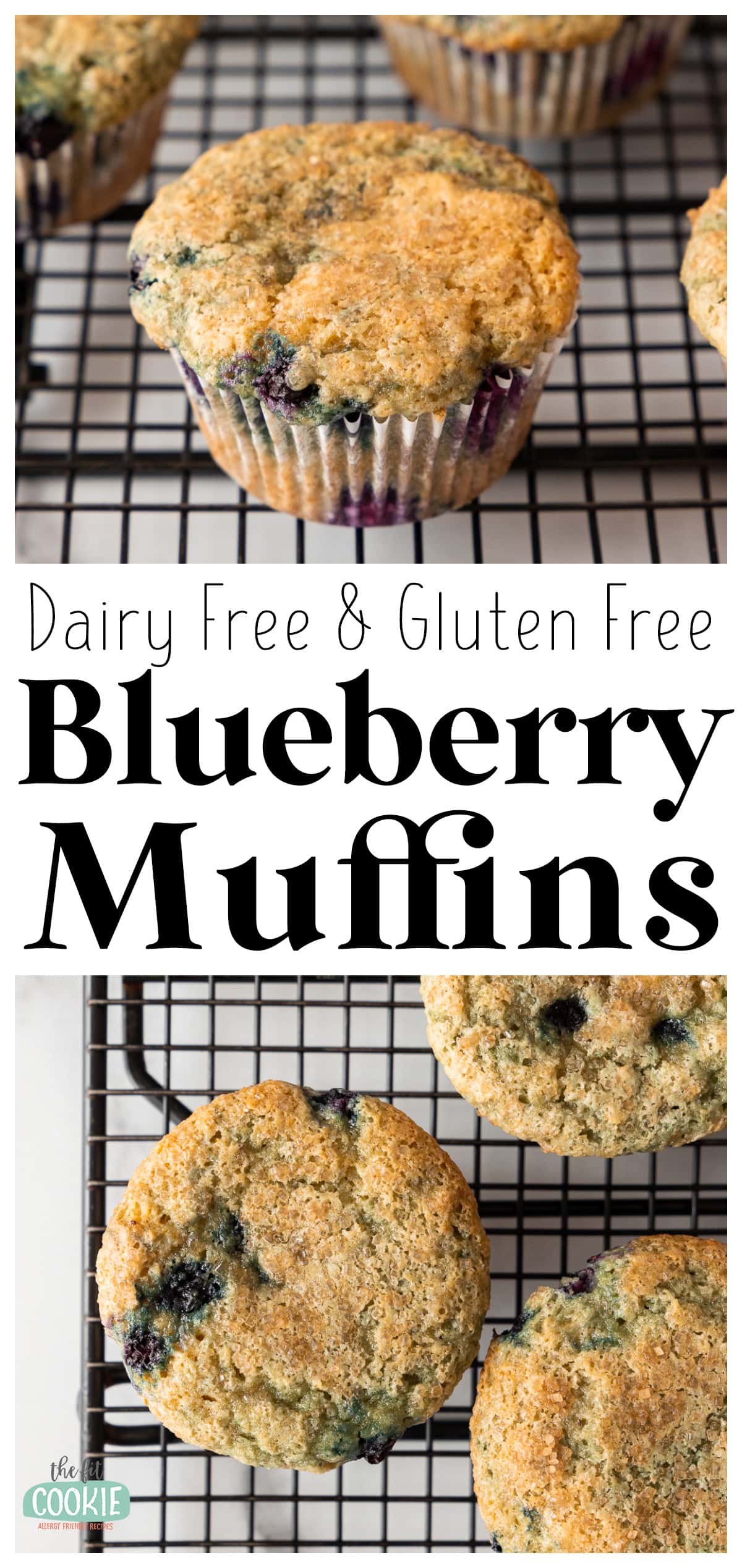 photo collage of 2 views of gluten free blueberry muffins. 