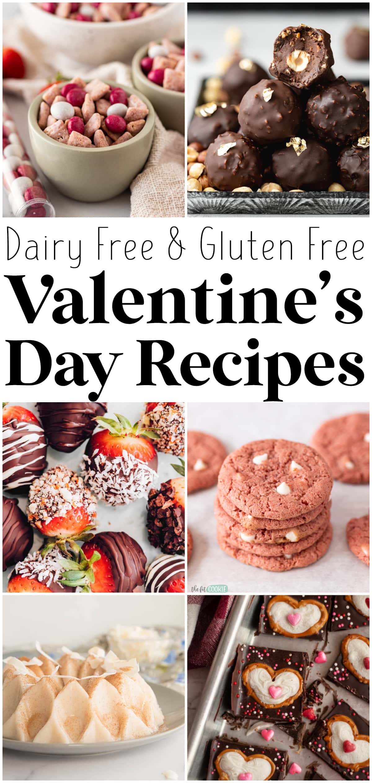 photo collage with text showing different pink and white or chocolate recipes for valentine's day. 