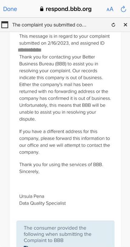 better business bureau response to complaint about bleame. 
