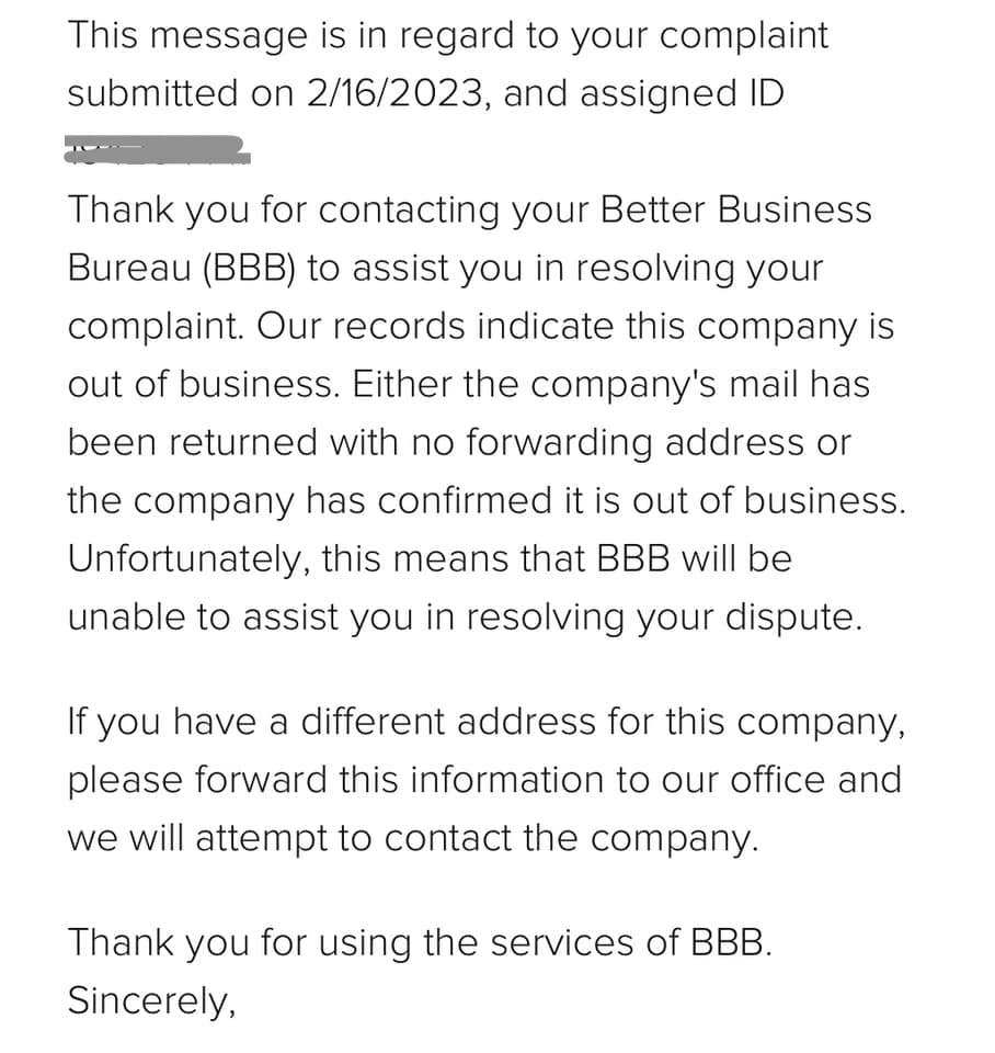 screenshot of better business bureau repsonse to complaints about bleame.