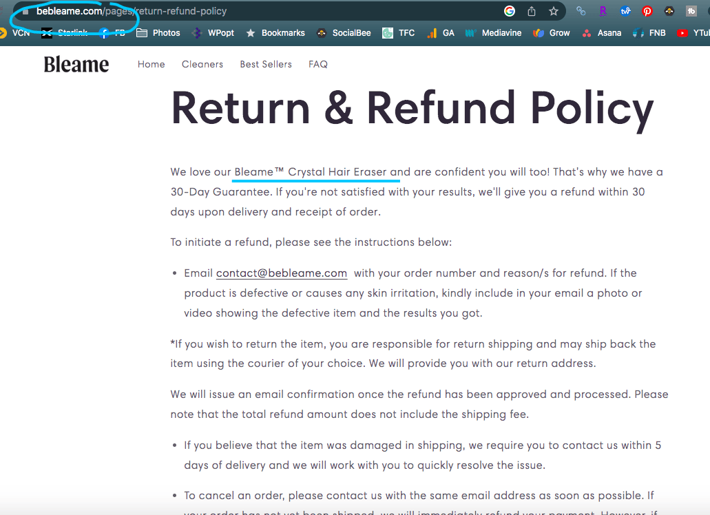 screenshot of bebleame.com return policy page. 