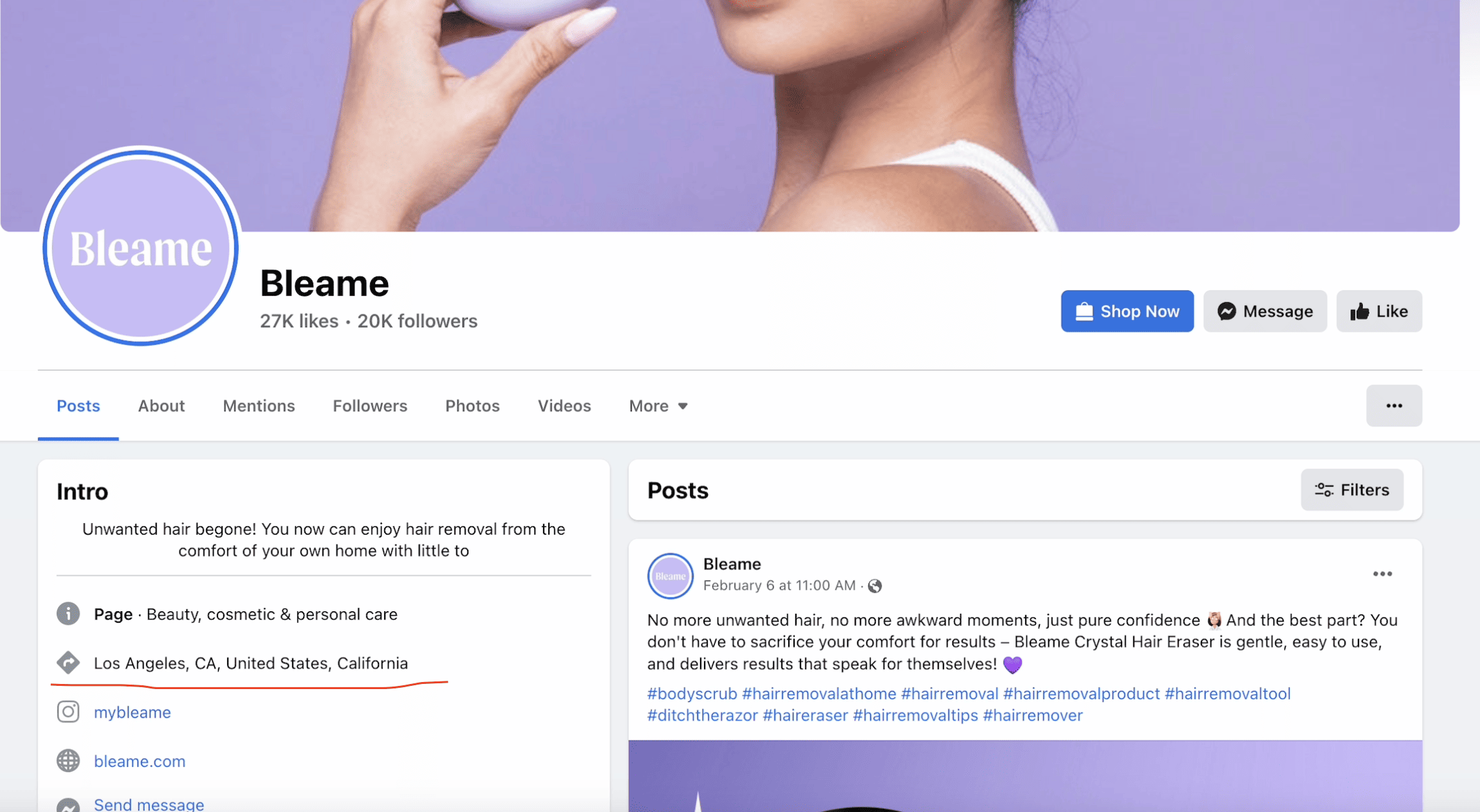 screenshot of bleame facebook page showing los angeles location. 