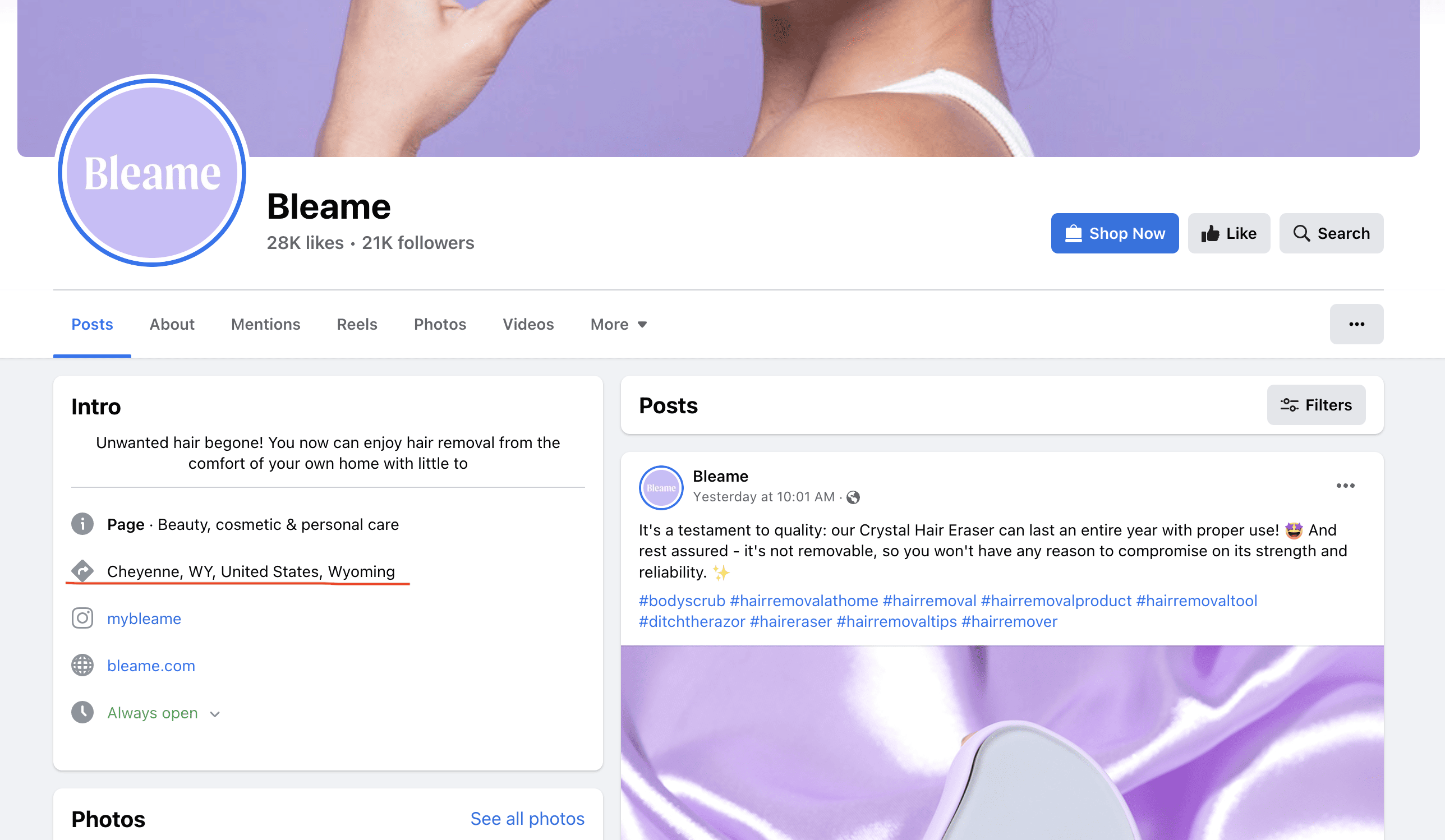 screenshot of recent bleame facebook page showing location in Wyoming. 