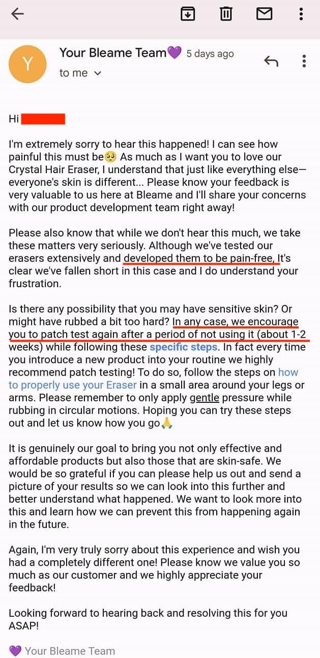 screenshot of email telling customers to use product a second time after already being injured. 