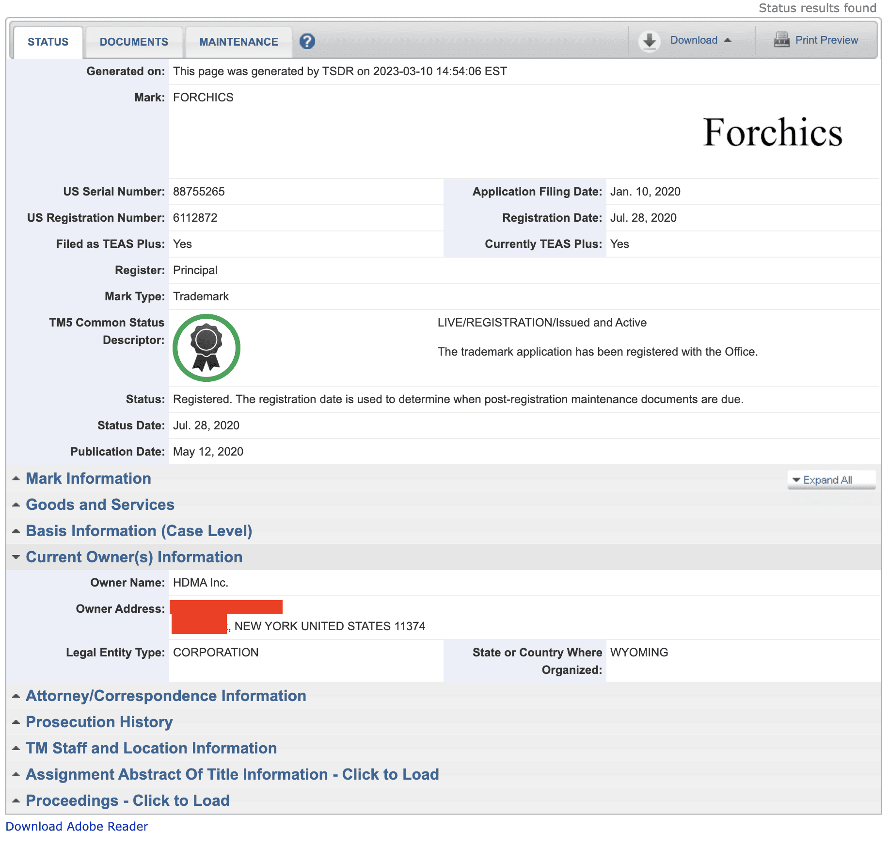screenshot of ForChics trademark information. 