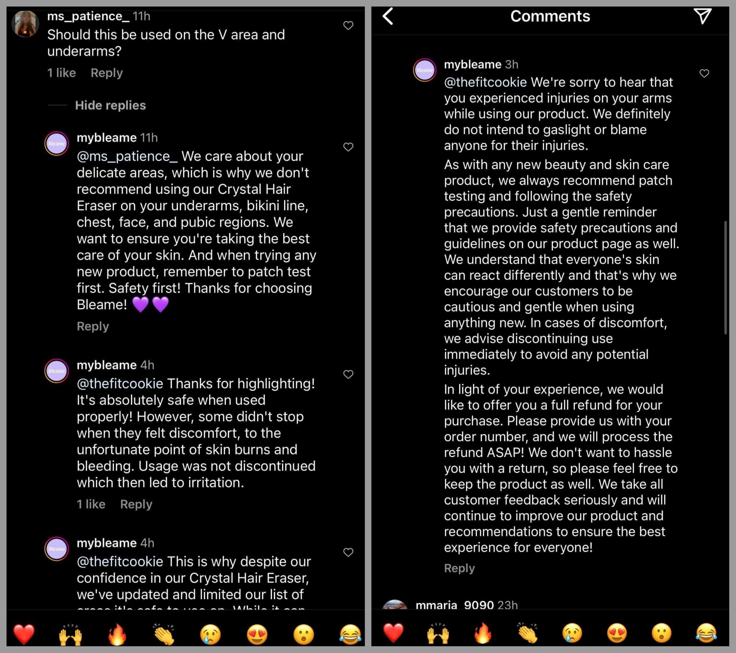 screenshot of bleame comments on instagram. 