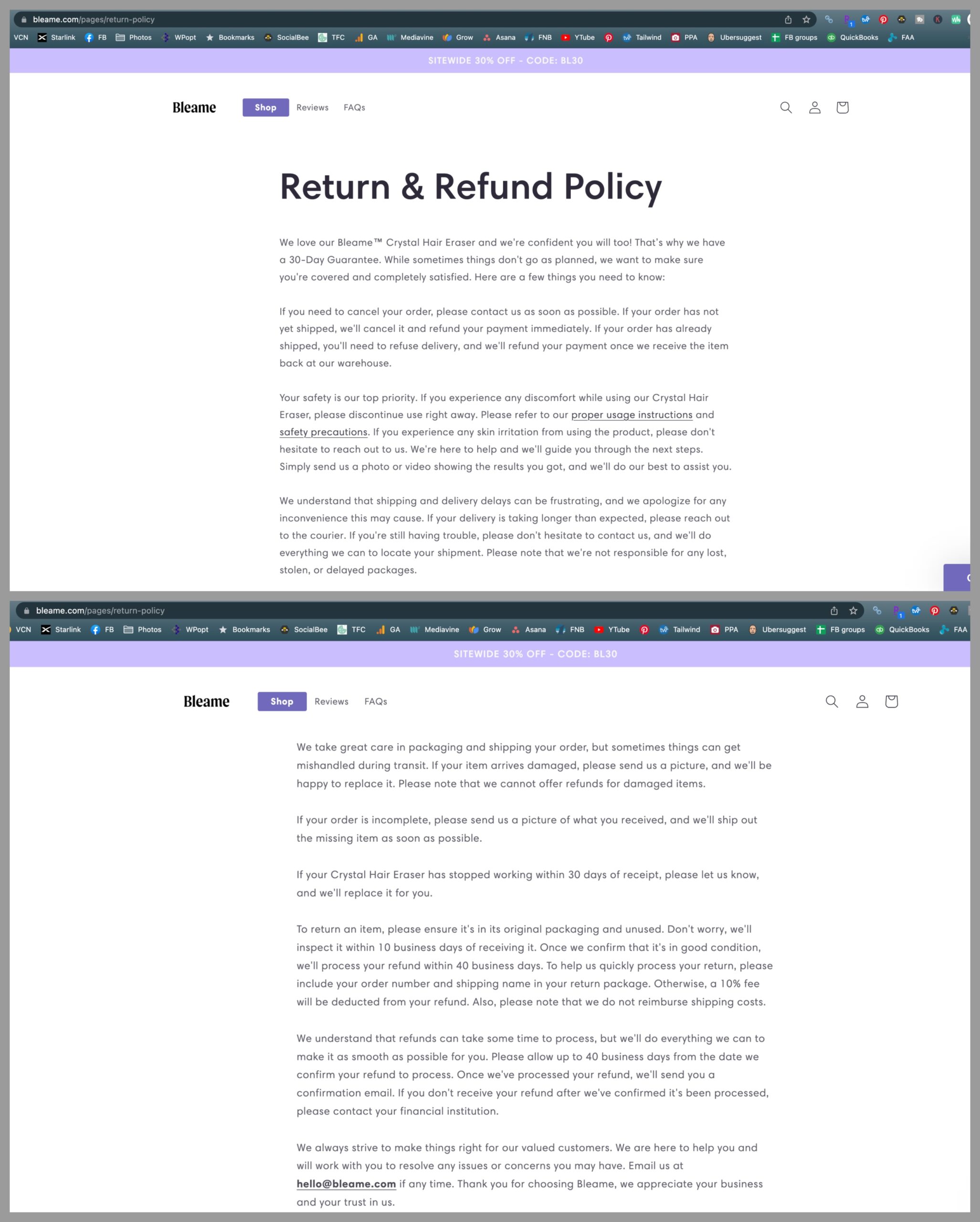 screenshots of new bleame return policy.