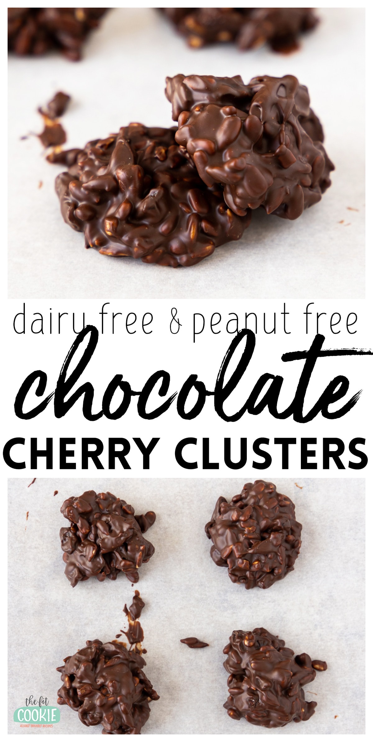 photo collage with text showing different views of dairy free chocolate clusters on parchment paper. 