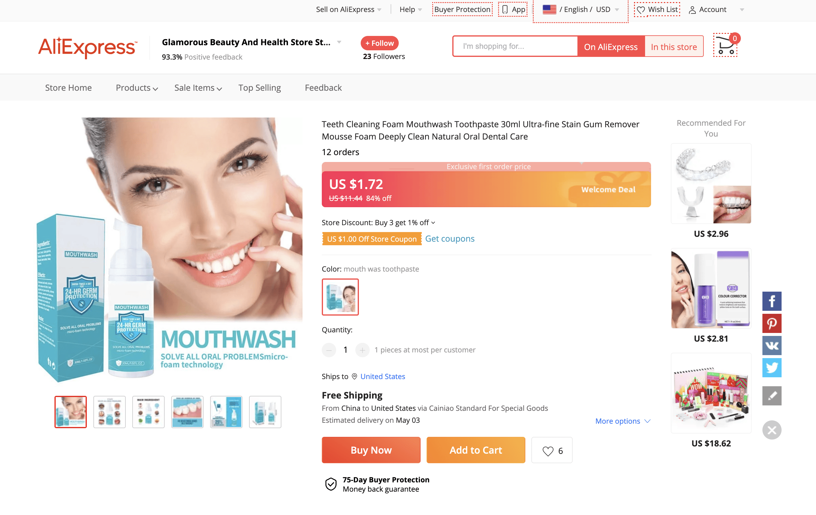 screenshot of aliexpress page with teethaid type product on it. 