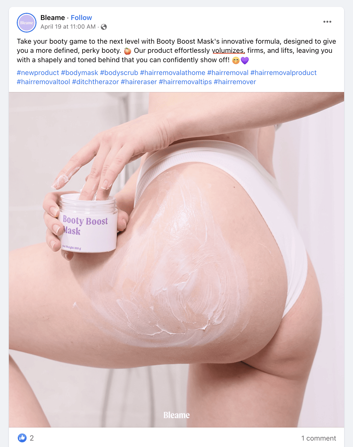 bleame facebook post claiming their cream will add volume to your butt. 