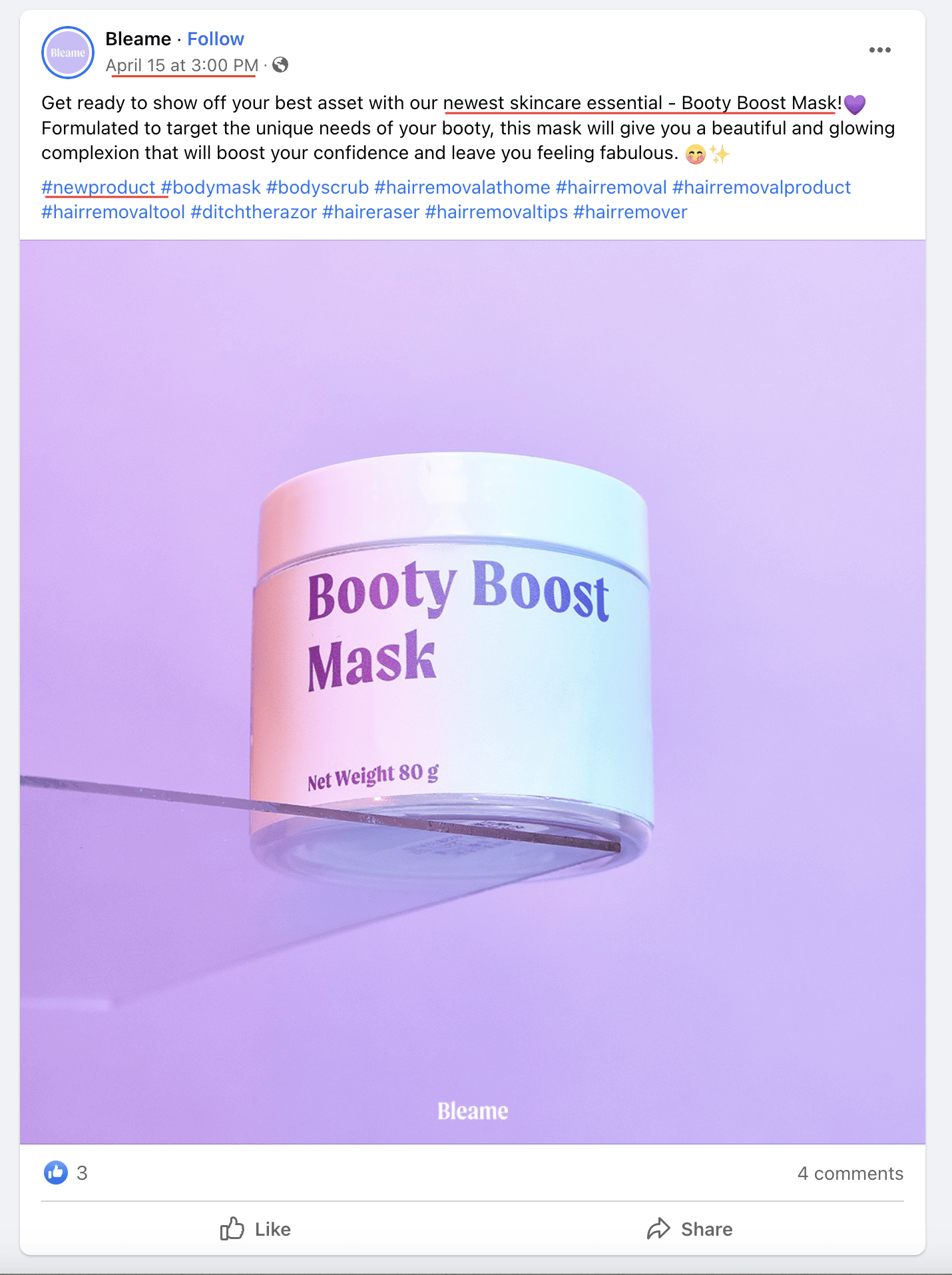 screenshot of bleame's first facebook post of their booty boost mask. 
