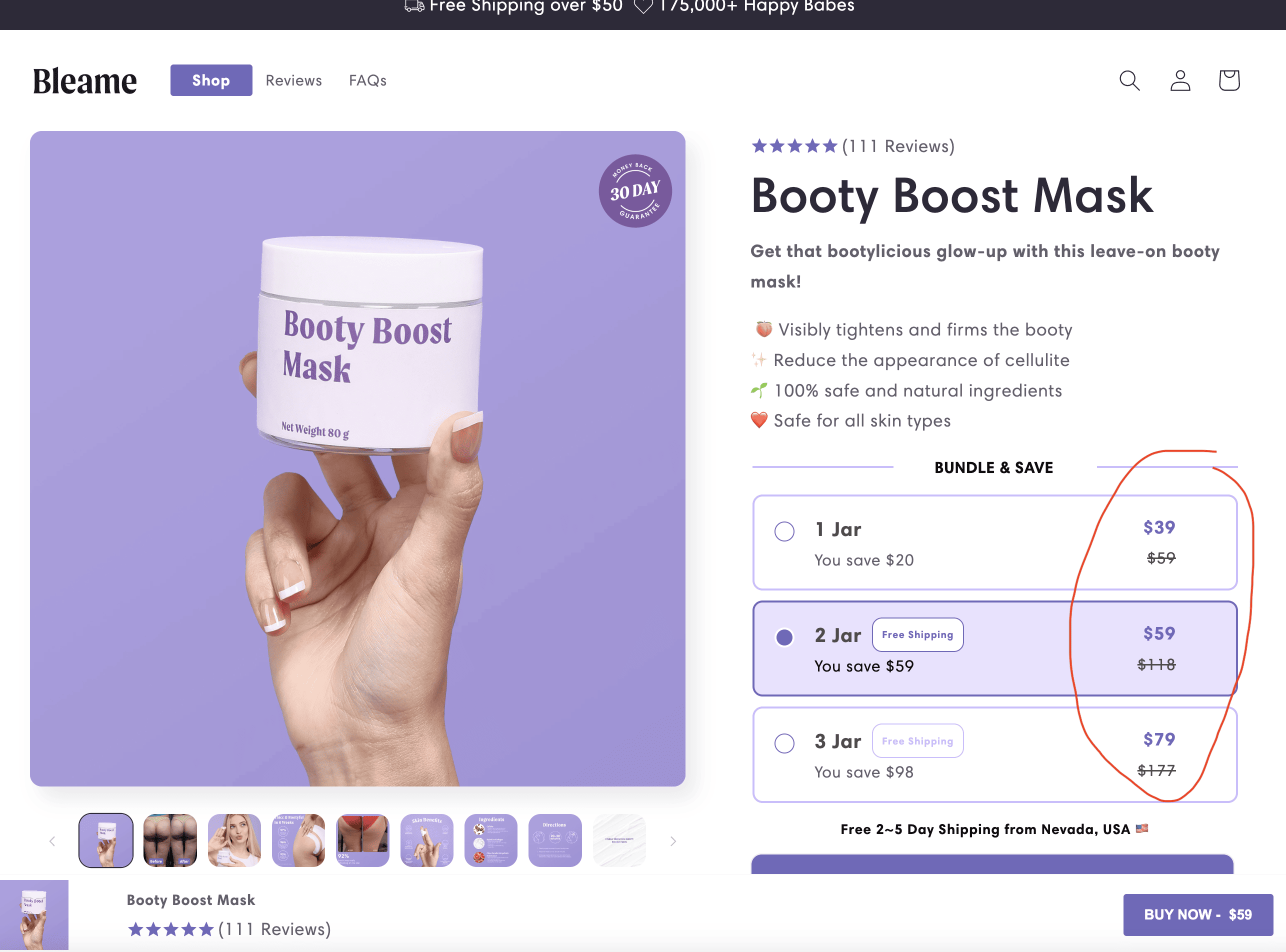 screenshot of bleame booty boost mask that has fictitious original prices. 