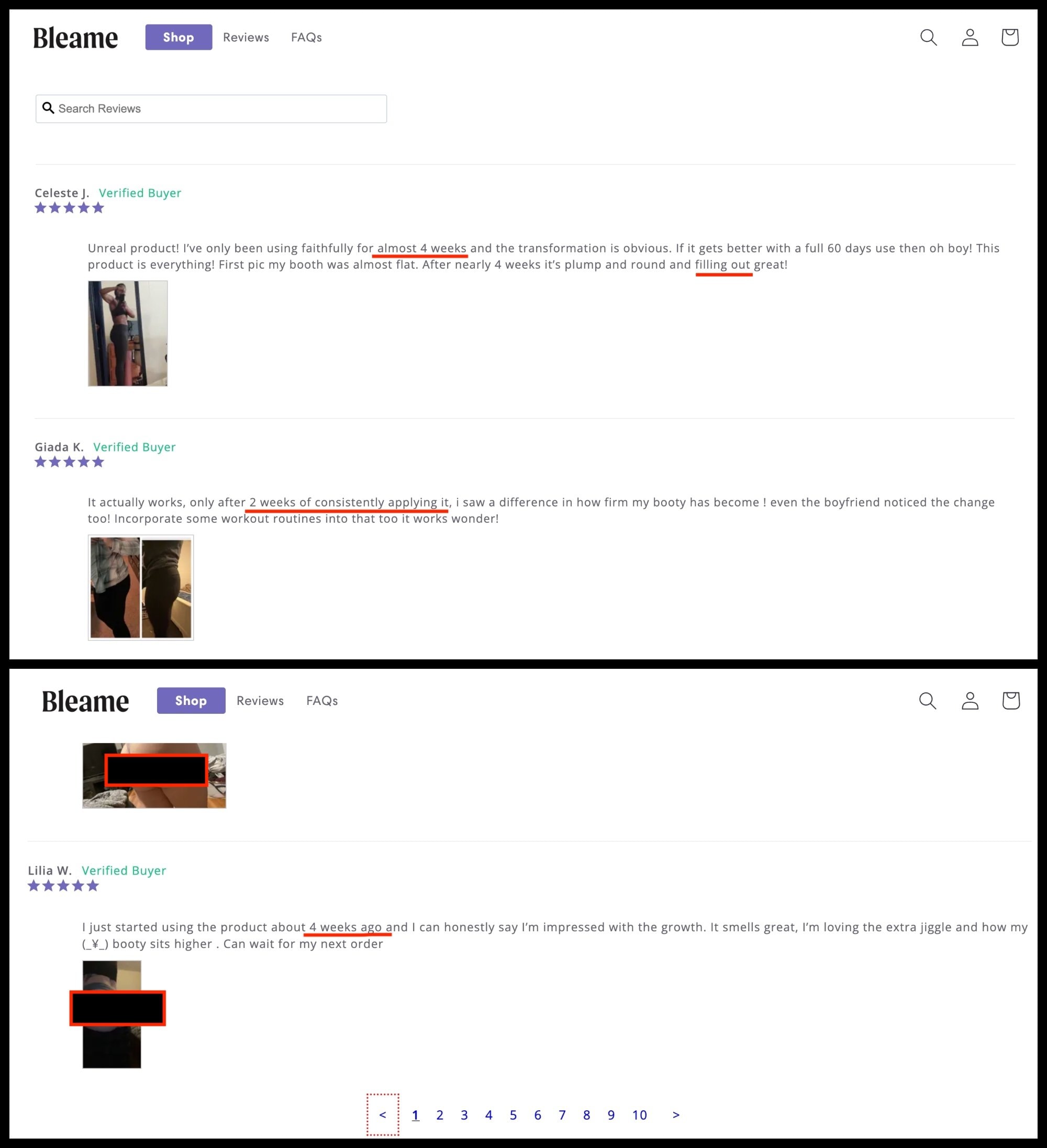 screenshots of bleame reviews showing use of product longer than product had even been for sale. 