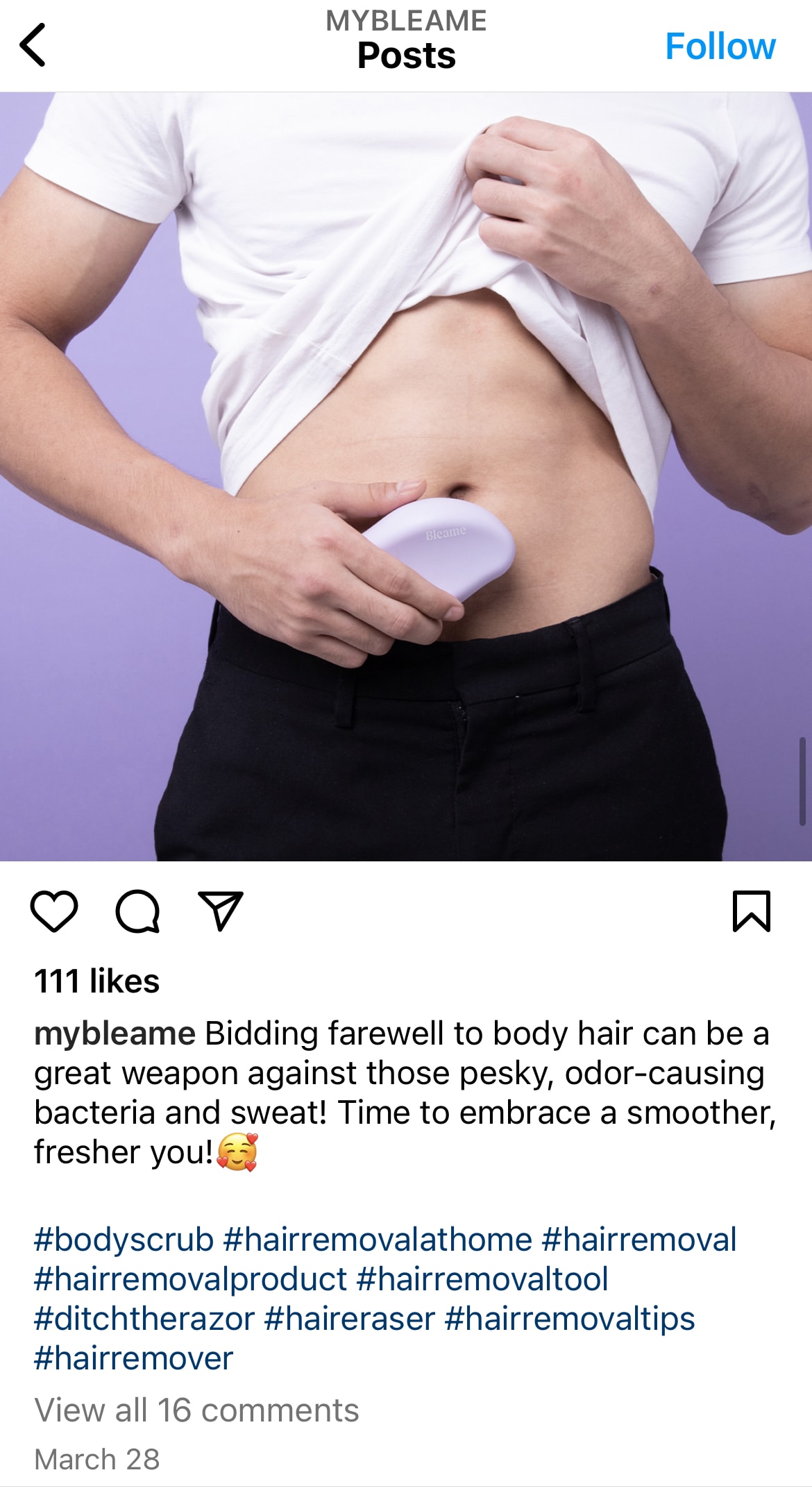 screenshot of bleame instagram post showing use of product on belly. 