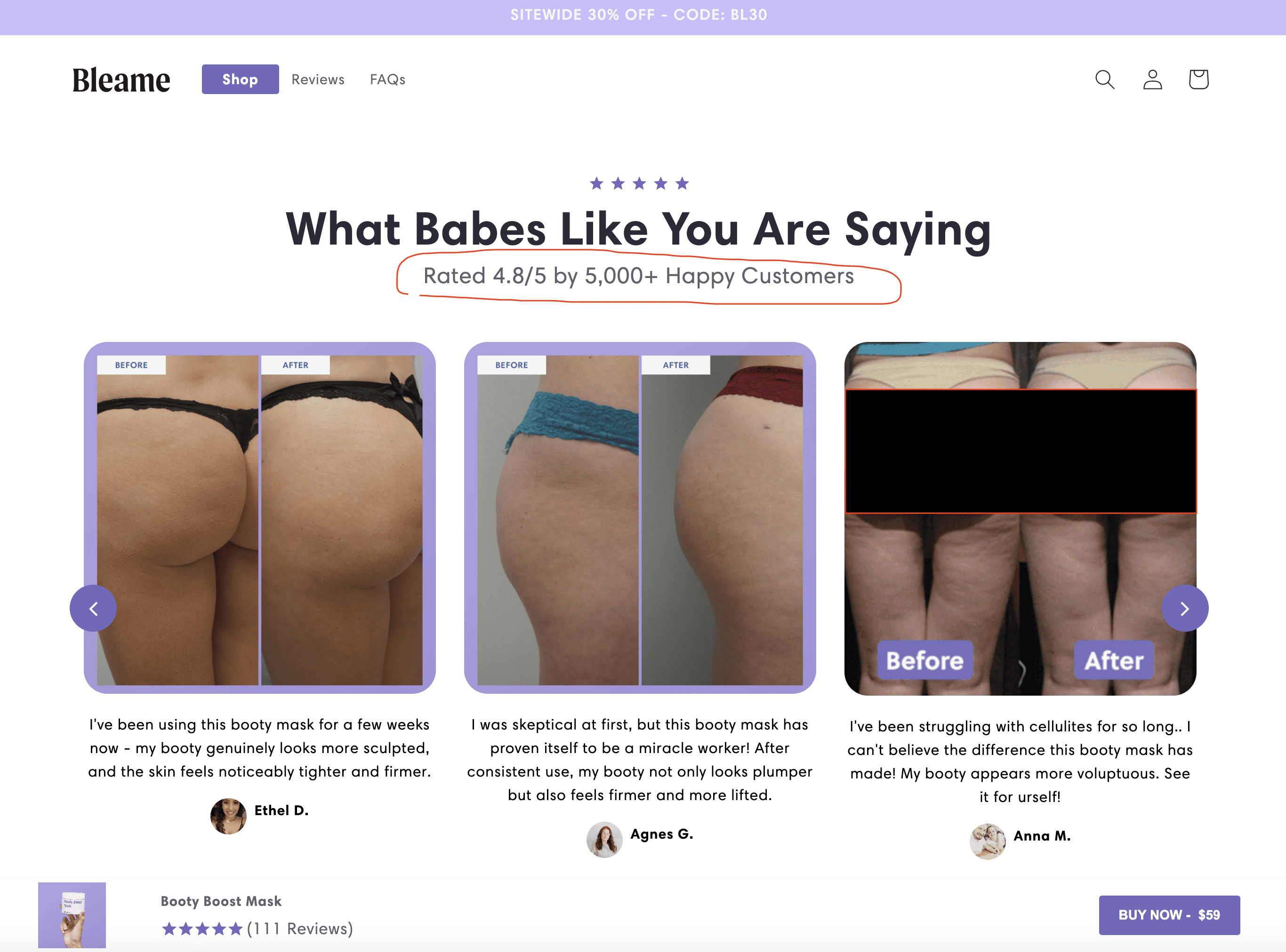 screenshot of bleame product page for booty boost mask that claims they have 5K reviews in just 11 days. 