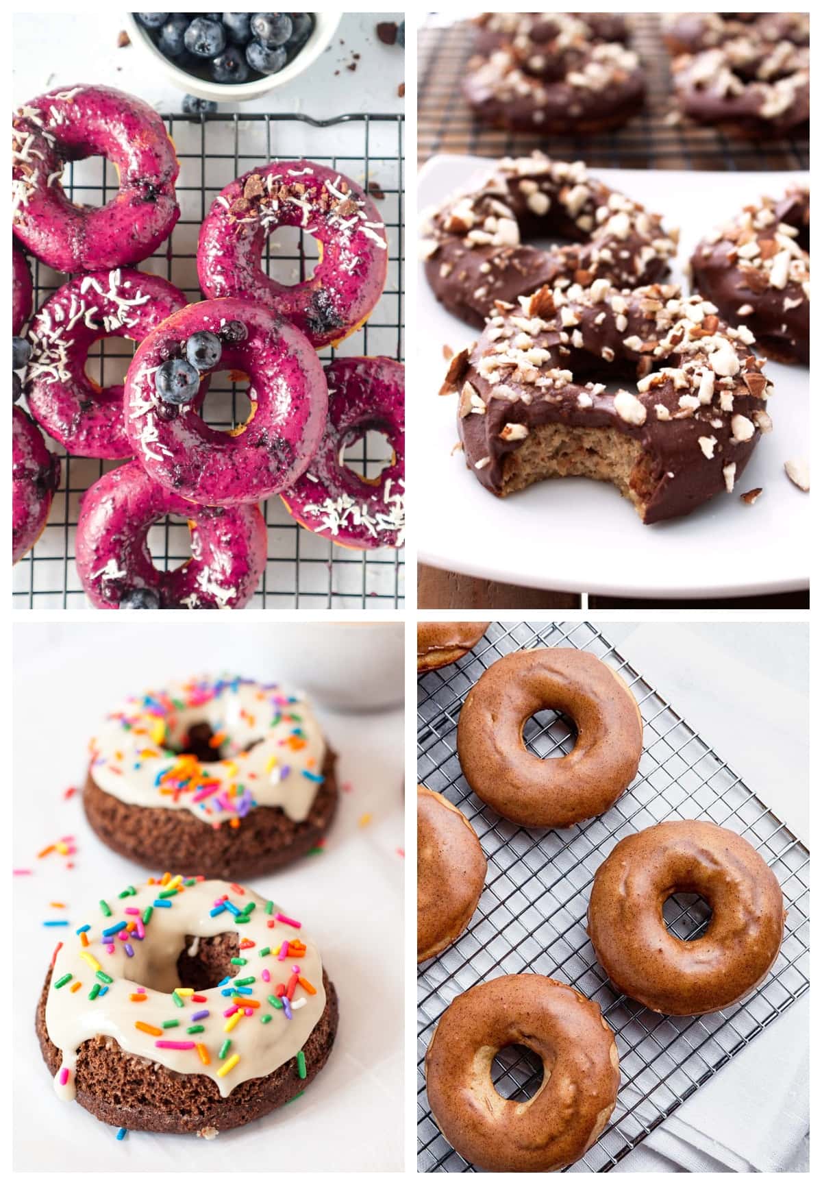 A collage of different types of gluten free donuts on a cooling rack.
