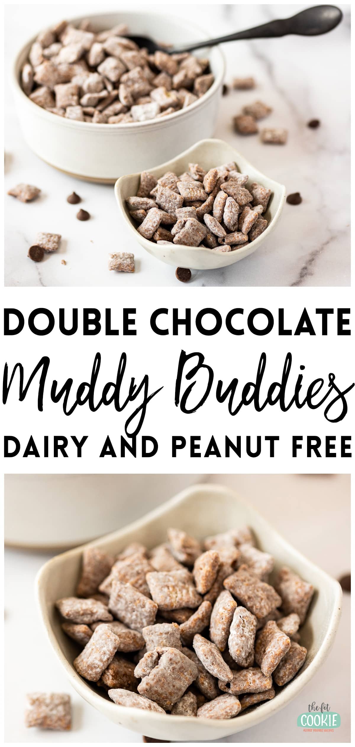 photo collage with text that shows double chocolate puppy chow in a white dish. 