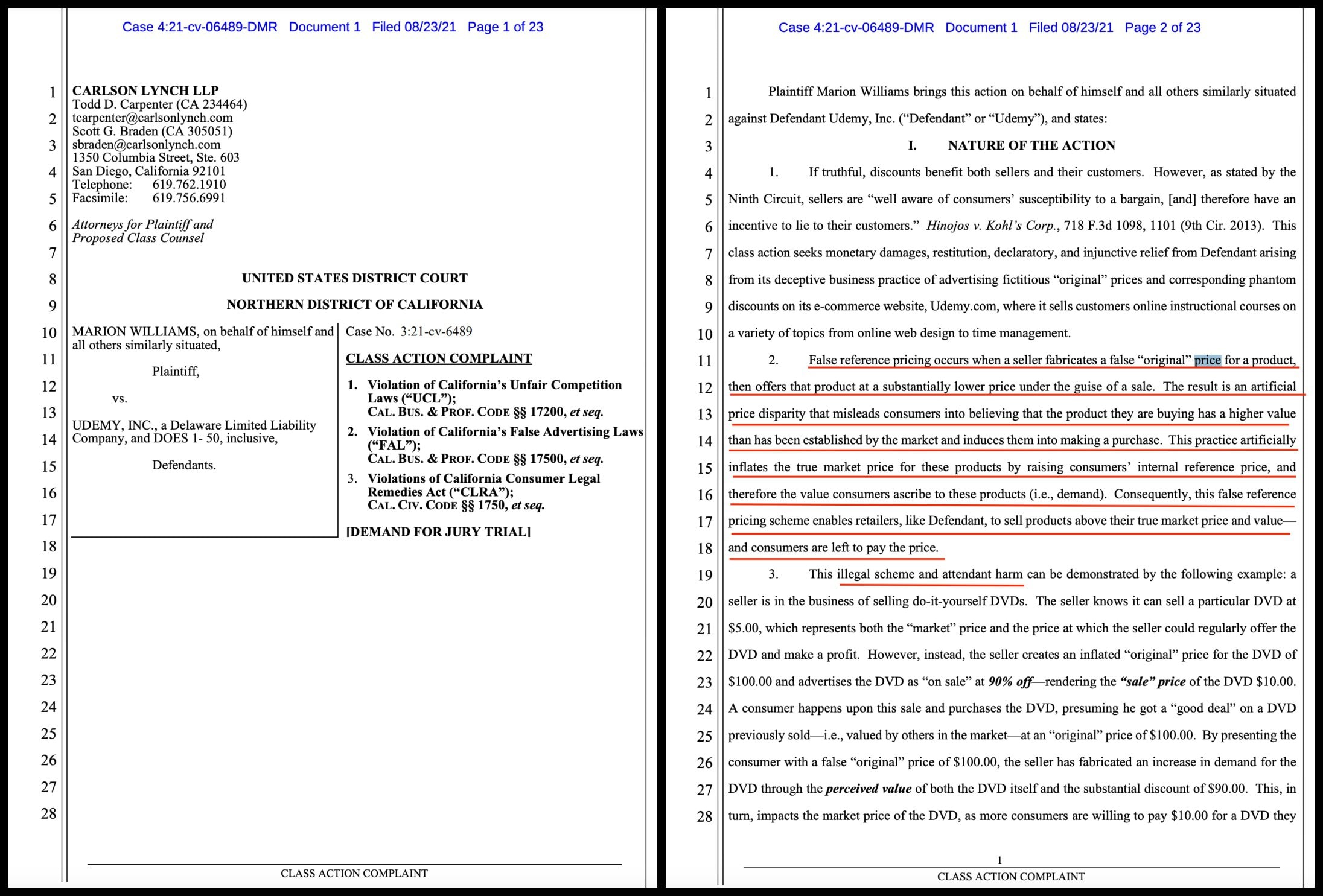 screenshot of case documents from Williams v Udemy regarding false reference prices and false advertising. 