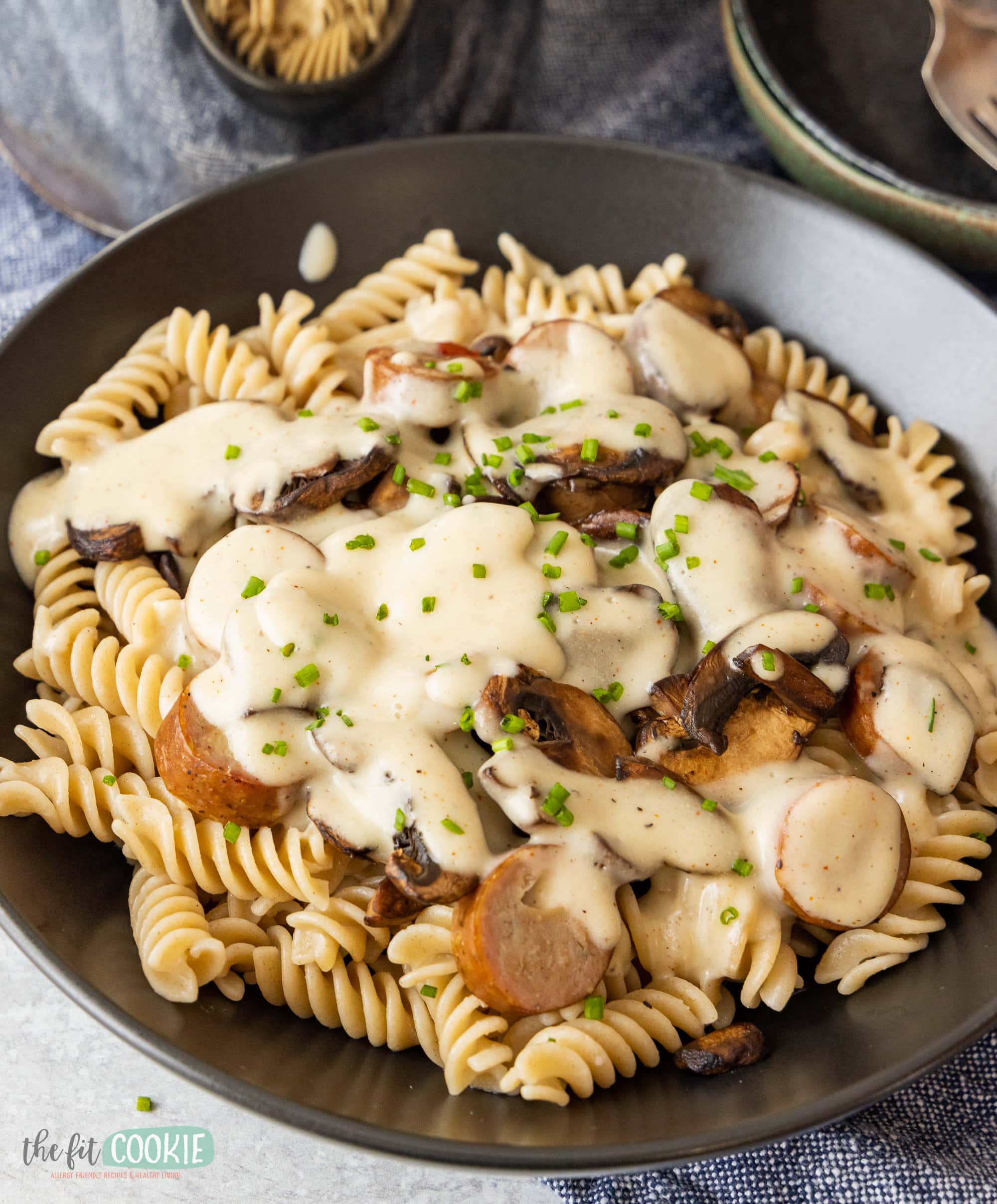 A bowl of alfredo pasta with mushroom sauce and parmesan cheese.