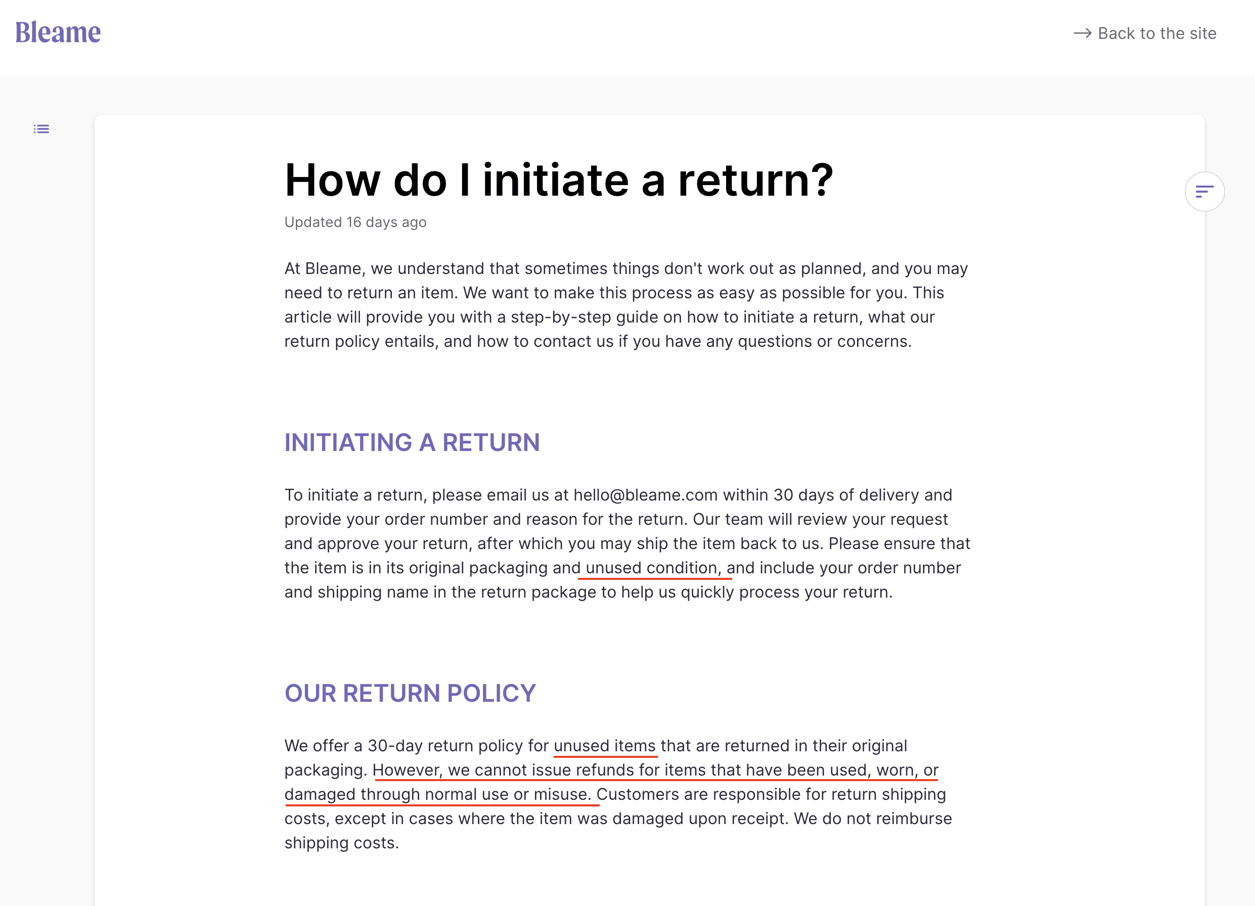 bleame's new refund policy that says you can't return used items for a refund. 