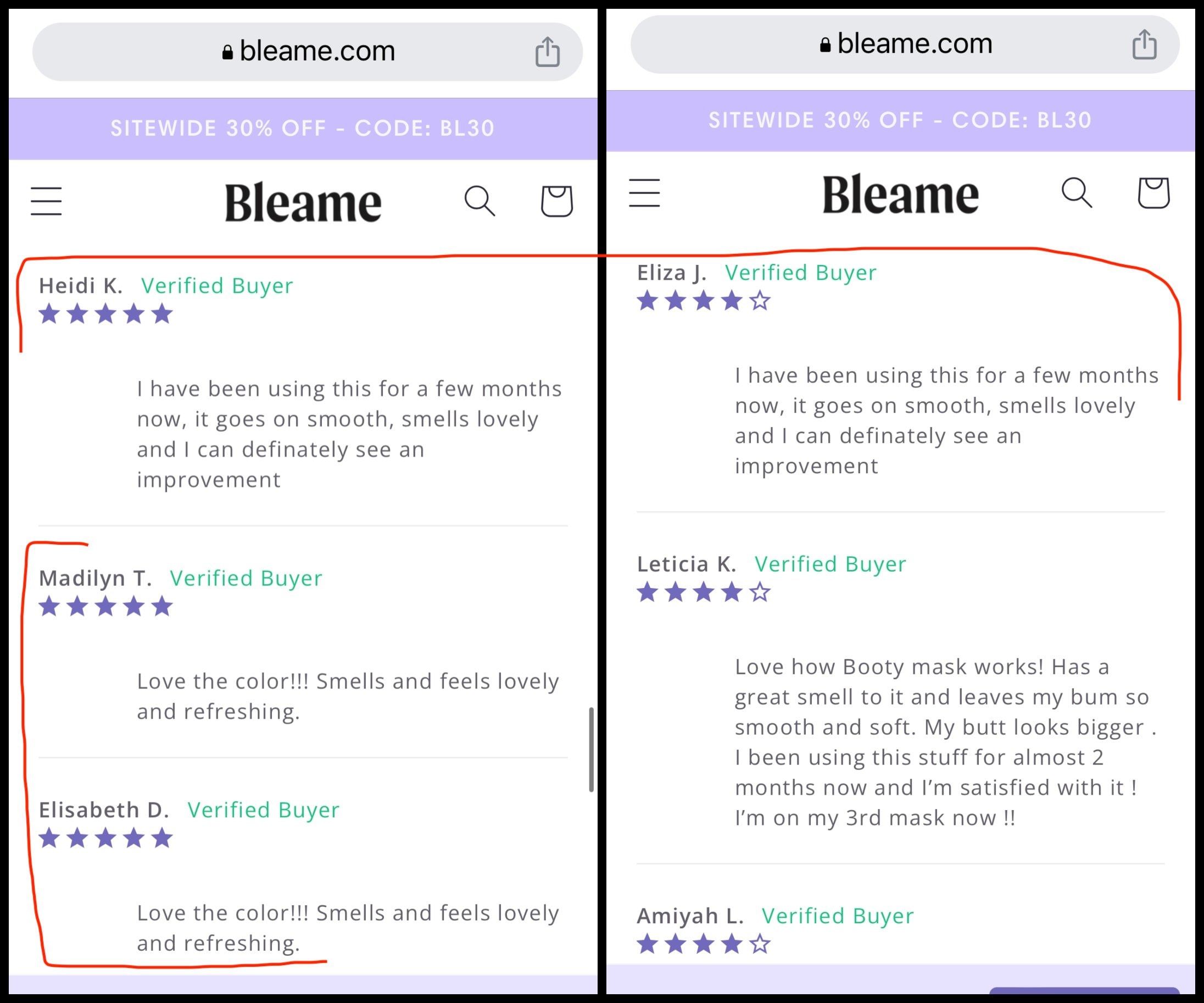 screenshots of bleame fake reviews showing copied and pasted reviews. 