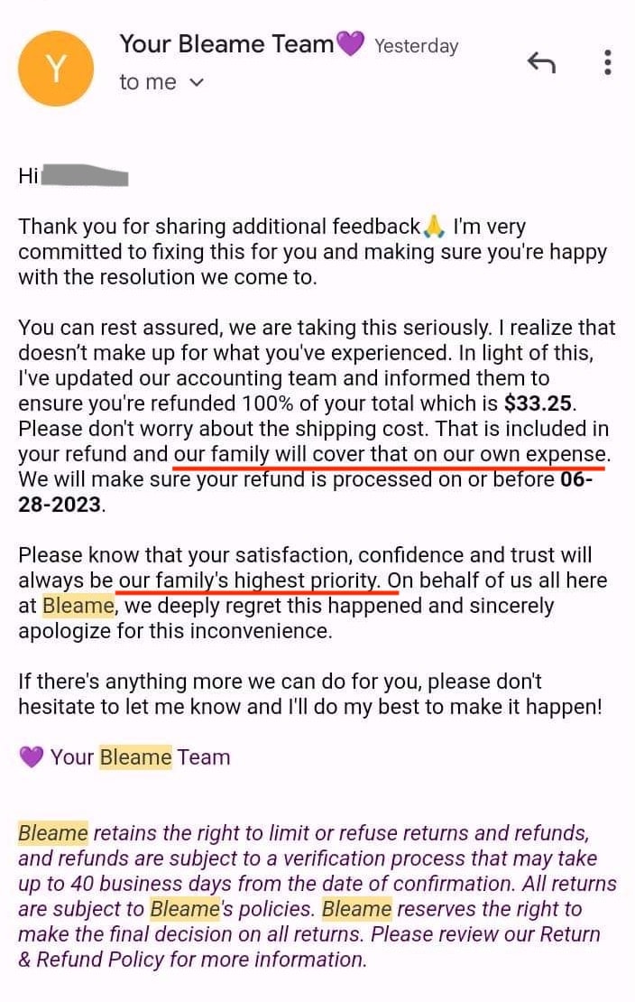 screenshot of bleame customer service email mentioning their family. 