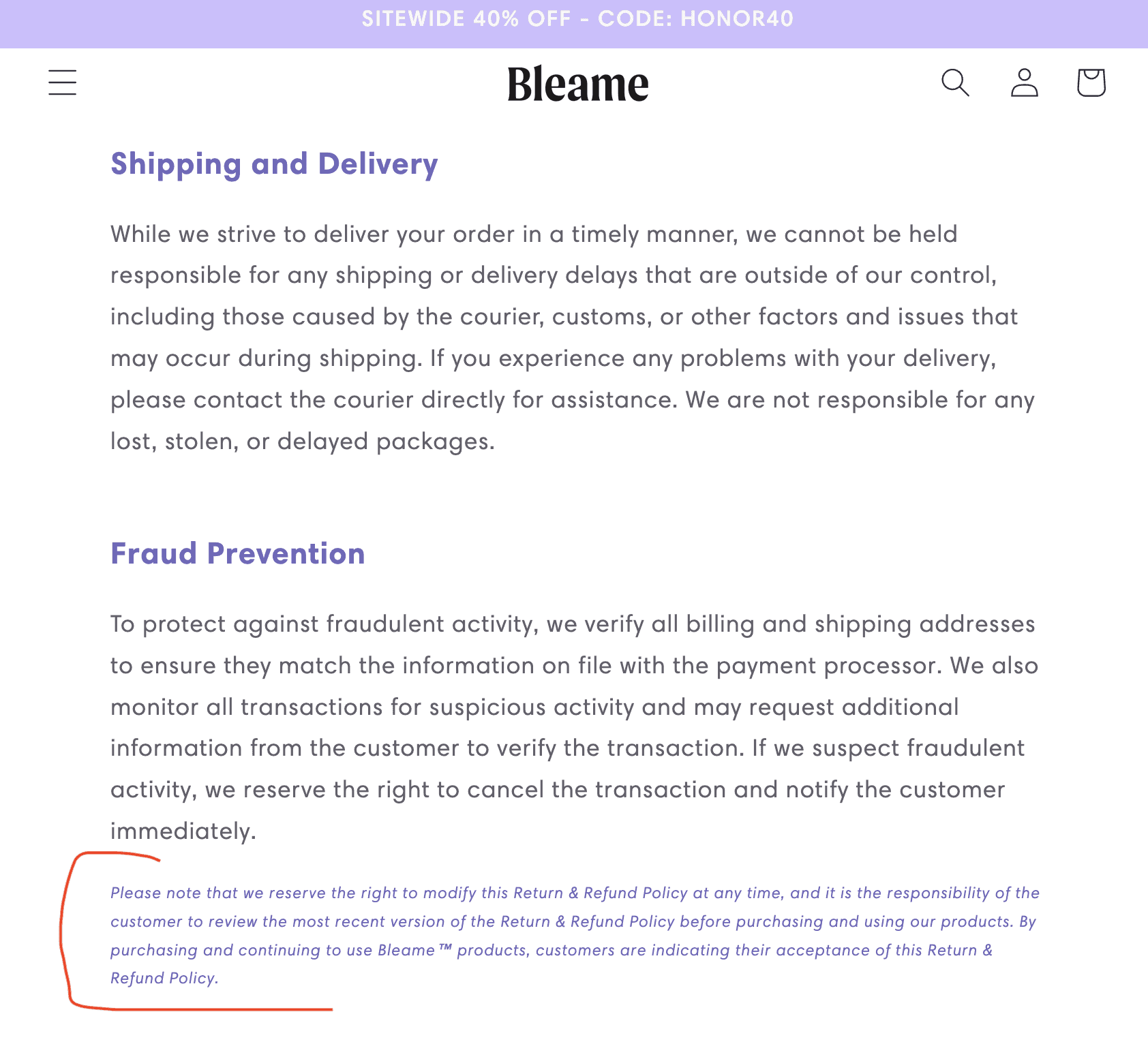 screenshot of bleame disclaimer saying they have the right to change their return policy at any time. 