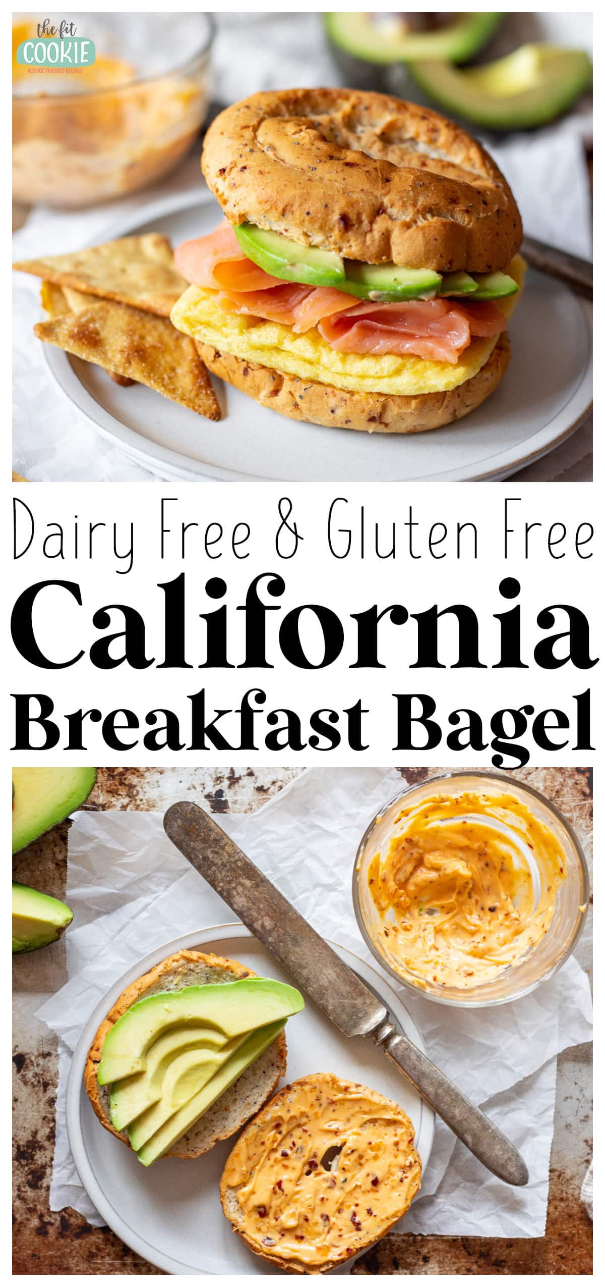 photo collage showing different views of a gluten free breakfast bagel sandwich. 