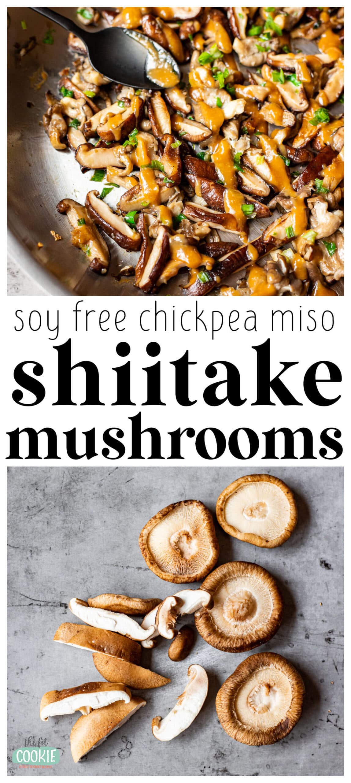 photo collage showing  sauteed shiitake mushrooms with miso sauce. 