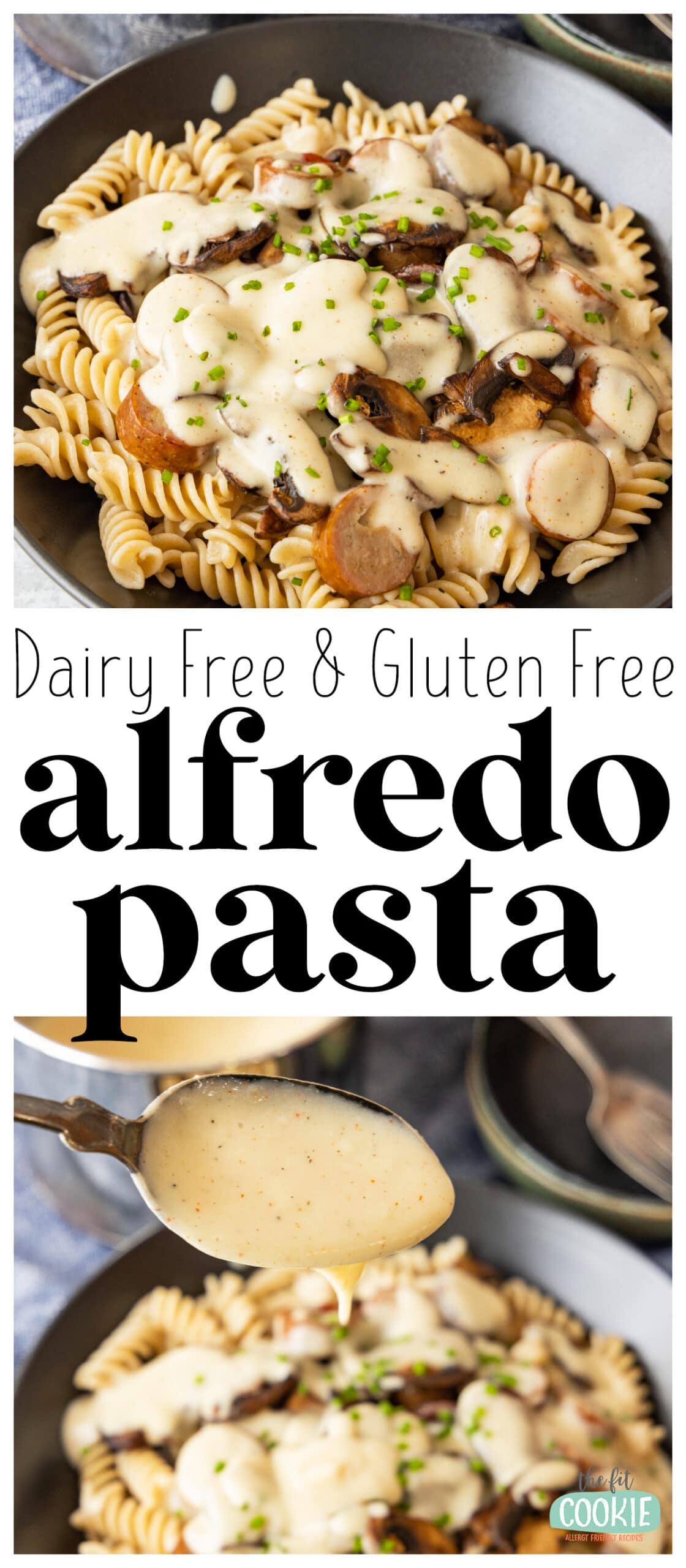 photo collage of dairy free alfredo rotini in a large black bowl. 
