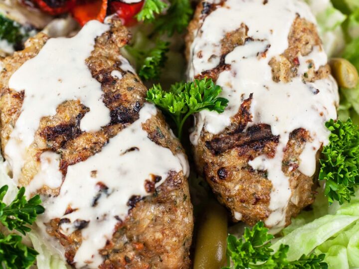 Gyro meatballs with tzatziki sauce.
