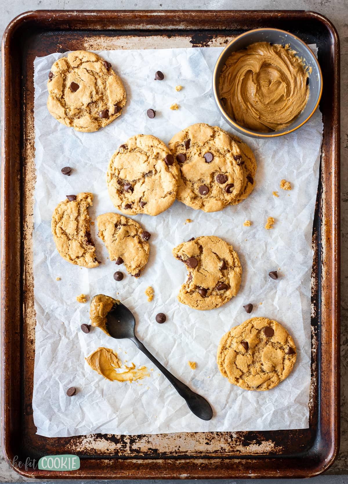 overhead photo of sunbutter chocolate chip cookies on a baking sheet. 