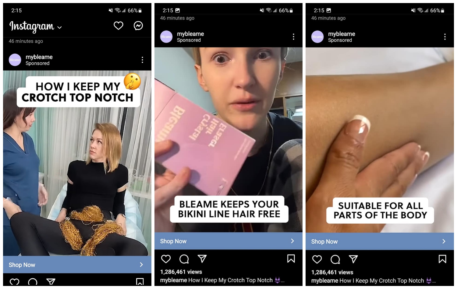 screenshots of bleame video ad telling people to use it on bikini area and that it is suitable for all parts of the body. 