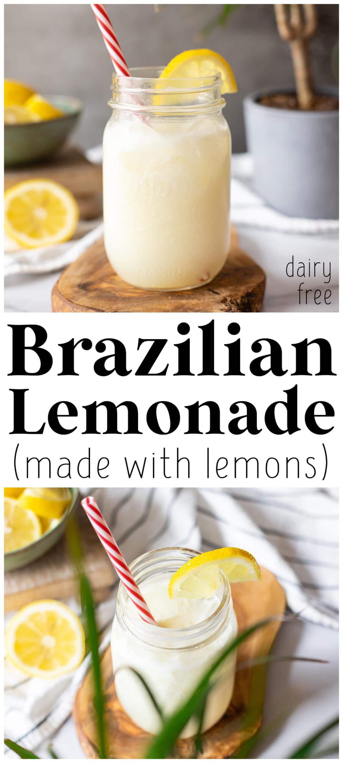 photo collage showing glass jar of brazilian lemonade with a red and white straw.