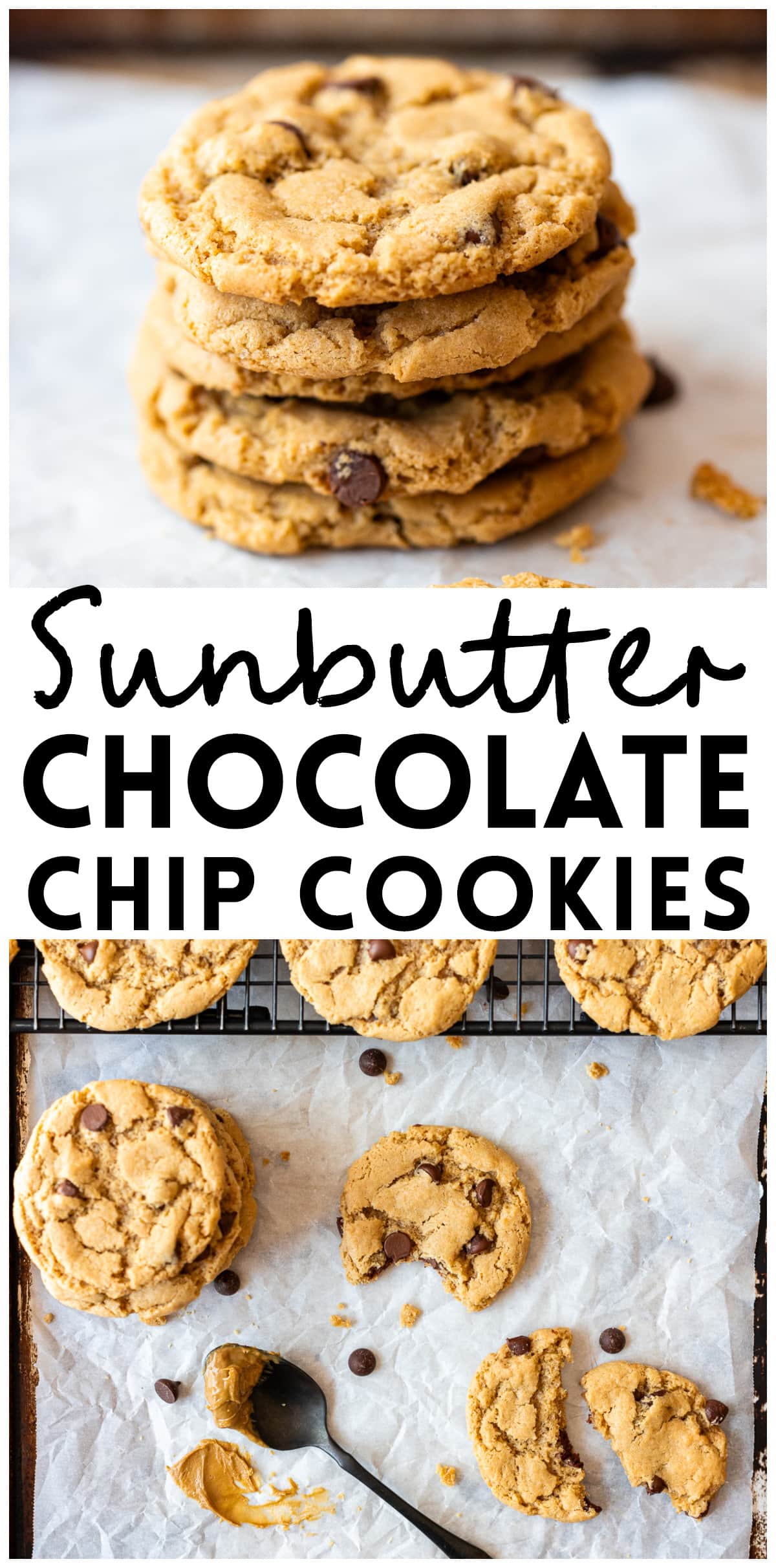 photo collage of sunbutter chocolate chip cookies with text overlay. 