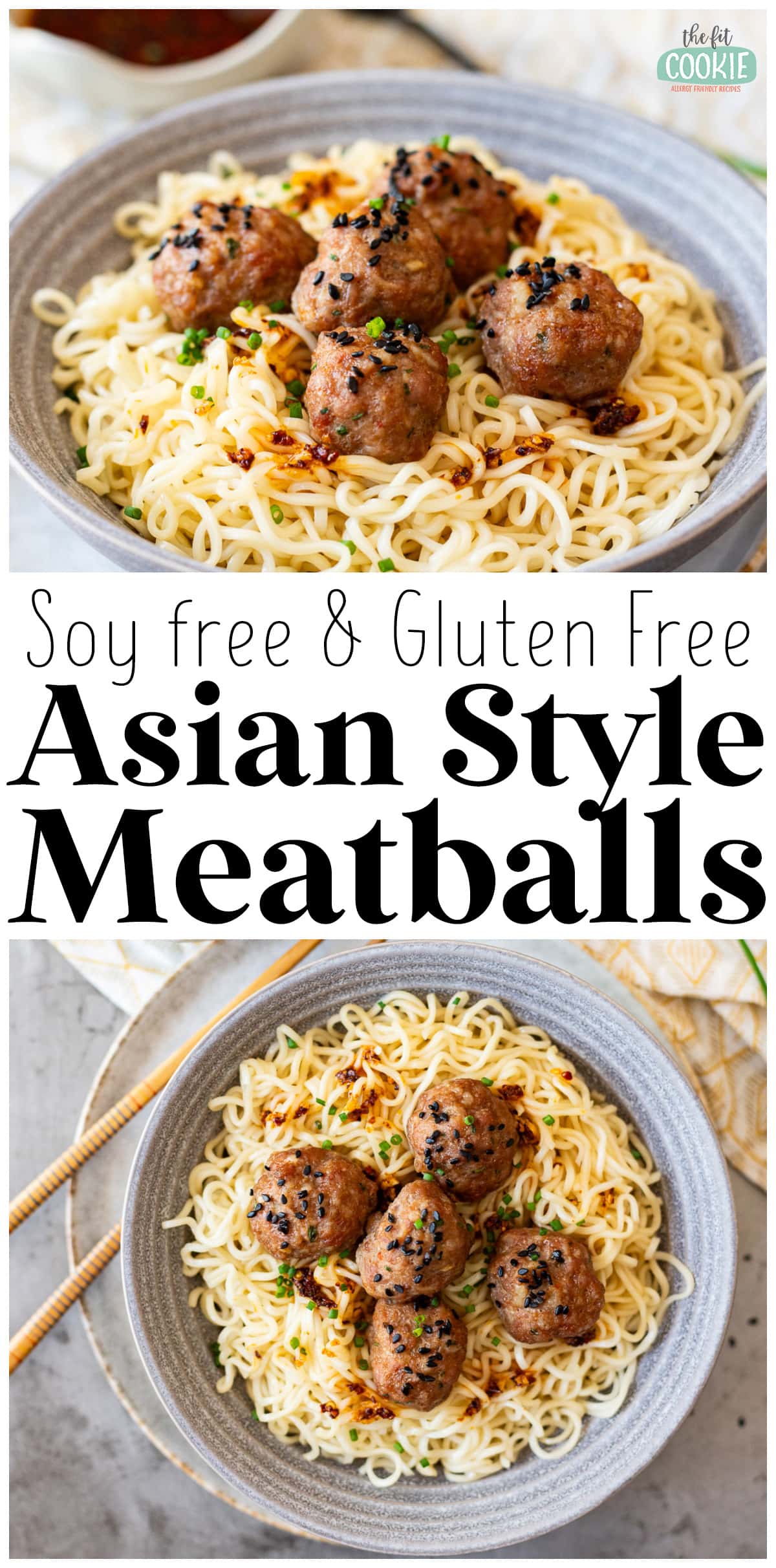 photo collage with text overlay showing 2 photos of pork meatballs over noodles. 