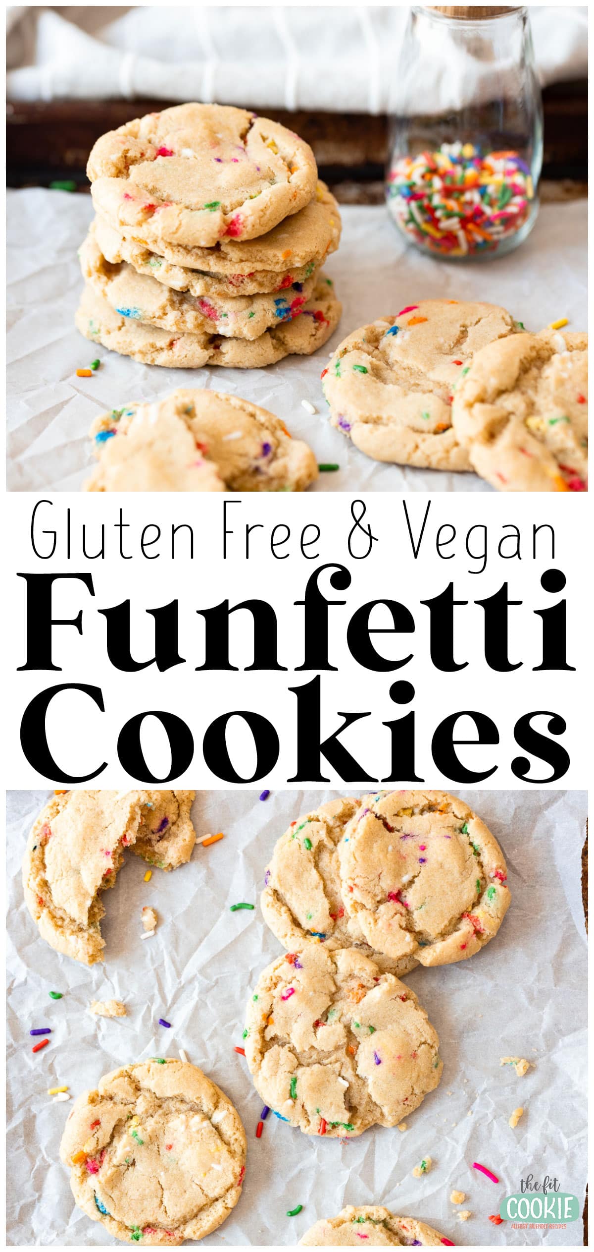 photo collage of gluten free funfetti cookies on parchment paper. 