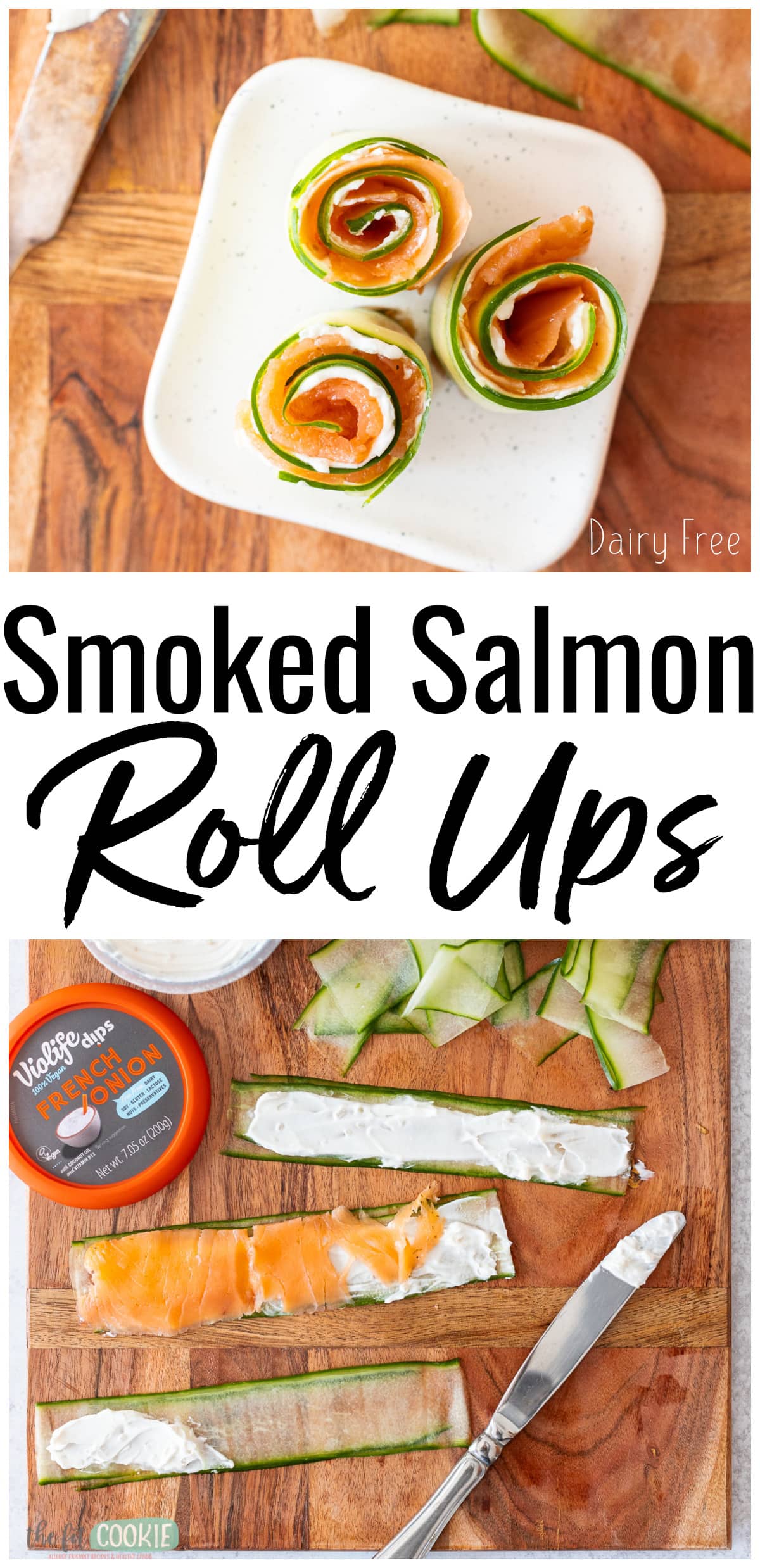 photo collage showing photos of smoked salmon appetizer roll ups. 