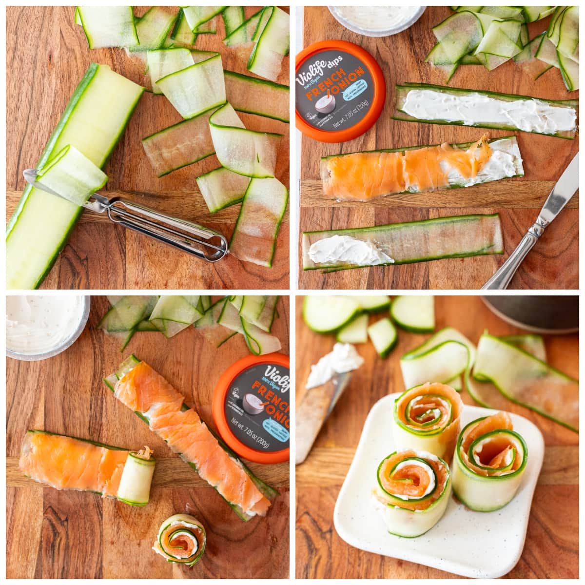 photo collage showing steps to make smoked salmon appetizer roll ups. 