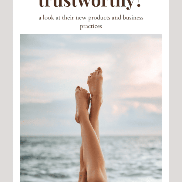 Graphic with woman's legs at a beach with text overlay that says "Is bleame trustworthy?" a look at their new products.