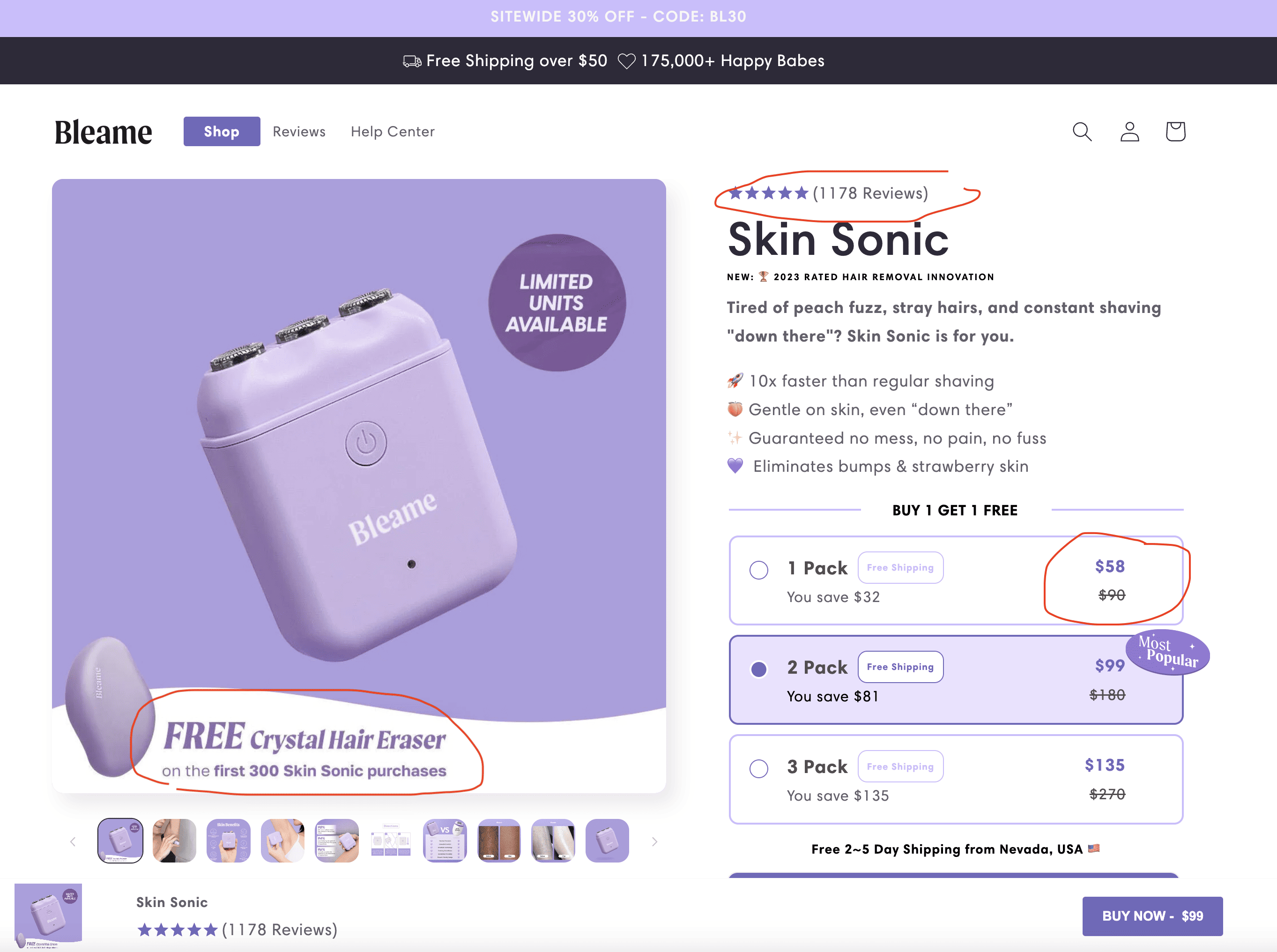 screenshot showing fictitious pricing on bleame skin sonic. 