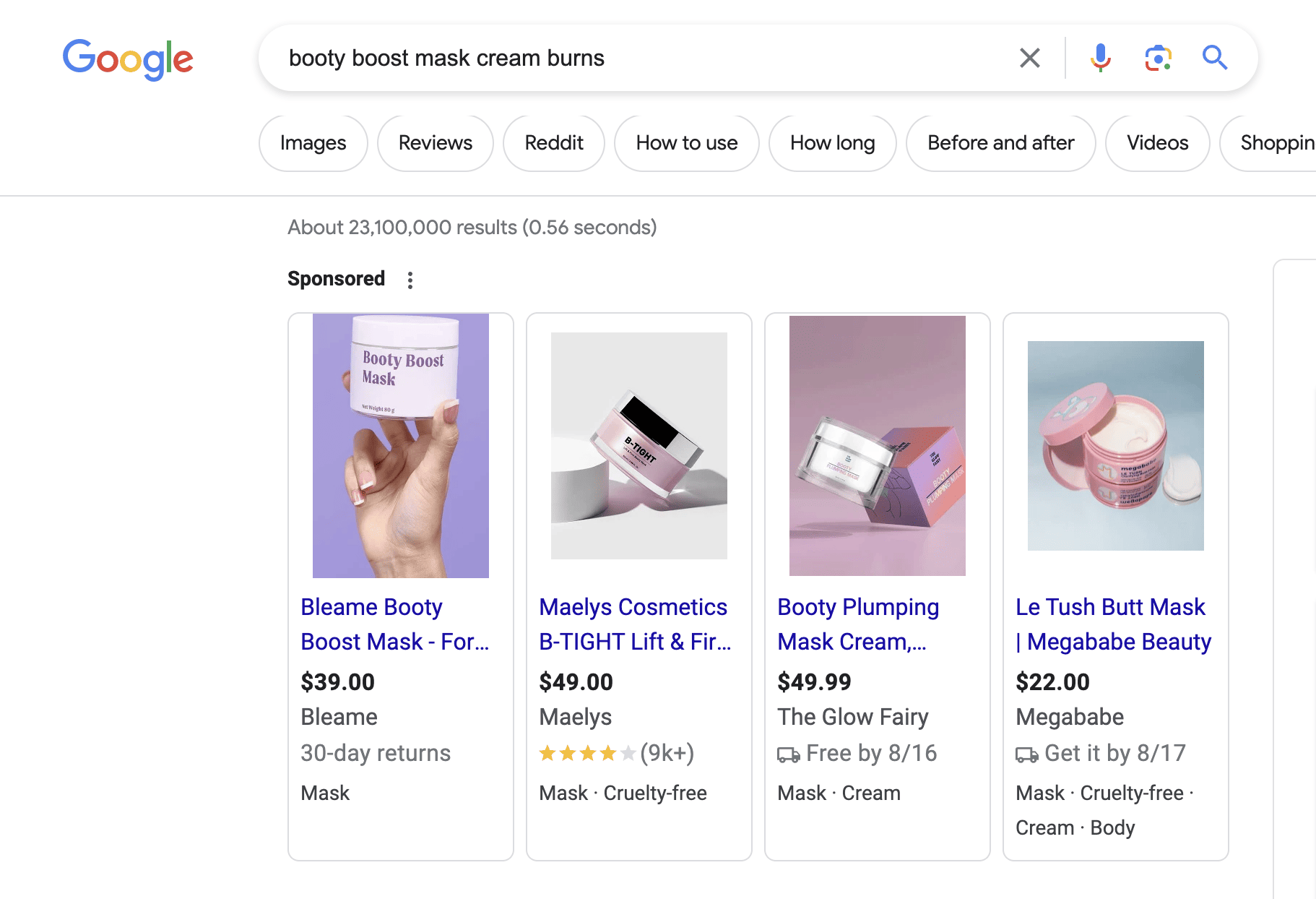 Google adwords ad for for Bleame booty boost mask that lists 30-day returns. 