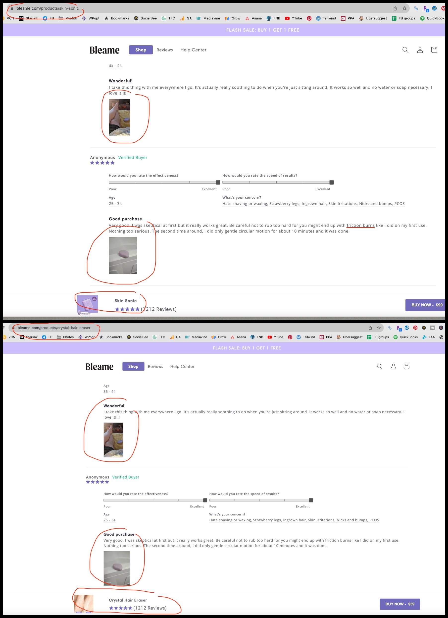 screenshots of bleame website showing repurposing reviews/review hijacking. 