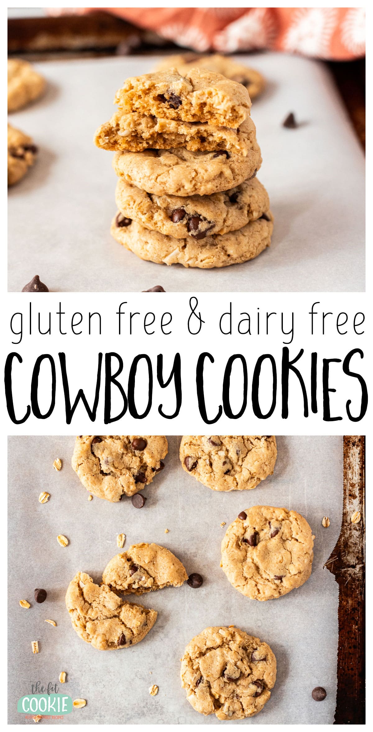 Gluten free and dairy free Cowboy Cookies on a parchment paper lines cookie sheet. 