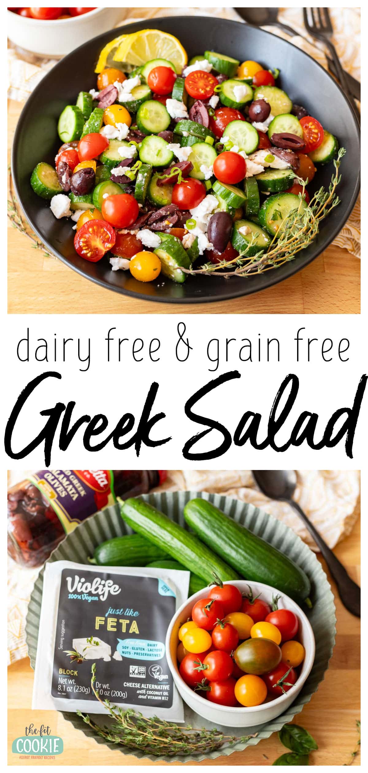 photo collage showing dairy free greek salad and ingredients to make the salad. 
